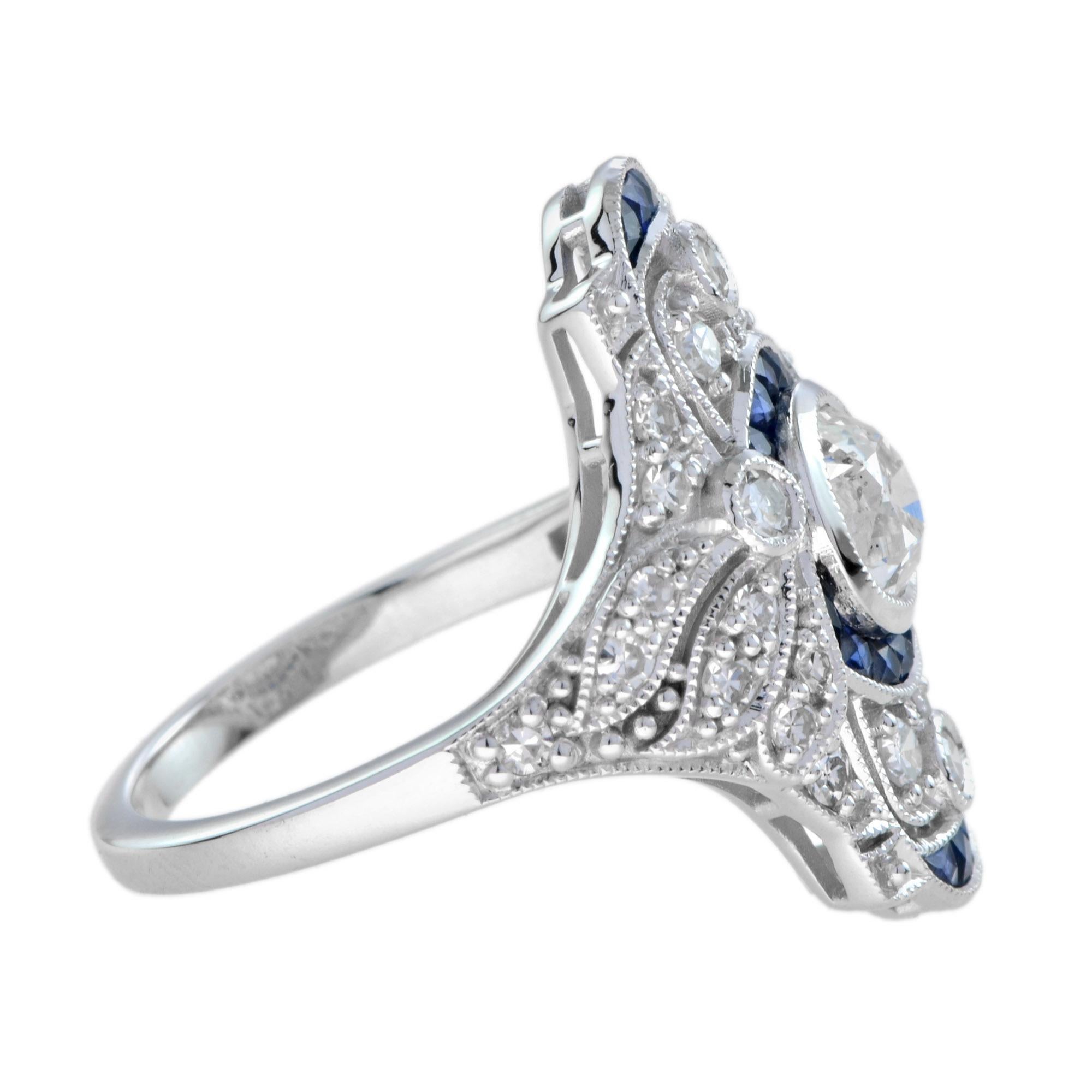 Women's or Men's GIA Old Cut Diamond and Sapphire Art Deco Style Dinner Ring in 18k White Gold