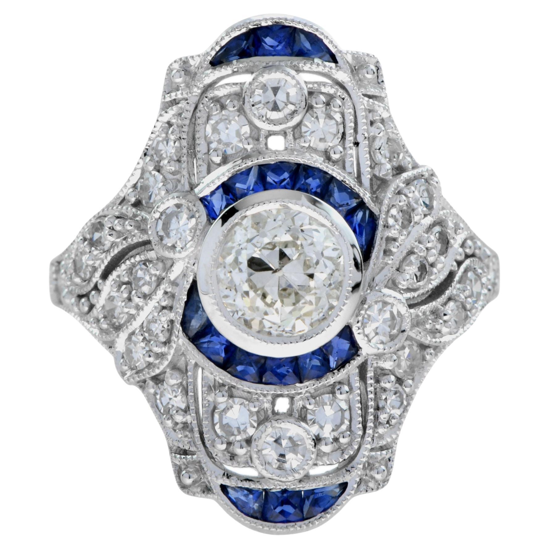GIA Old Cut Diamond and Sapphire Art Deco Style Dinner Ring in 18k White Gold