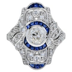 GIA Old Cut Diamond and Sapphire Art Deco Style Dinner Ring in 18k White Gold