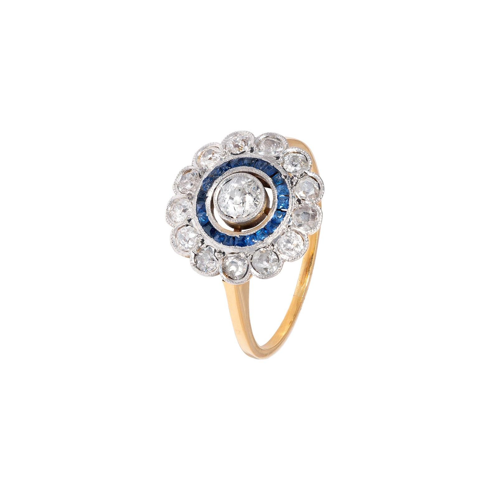 Altschliff Diamant und Saphir 'Target' Ring