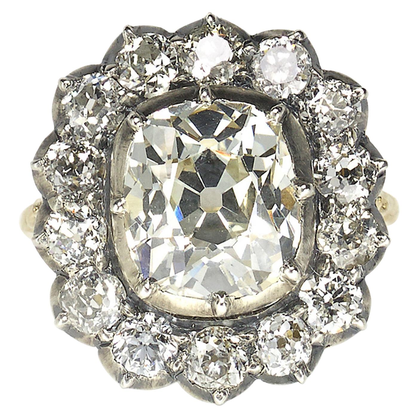 Old-Cut Diamond and Silver-Upon-Gold Cluster Ring, 4.18 Carats For Sale