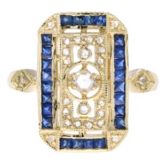 Old Cut Diamond & Blue Sapphire Antique Style Filigree Milgrain Yellow Gold Ring