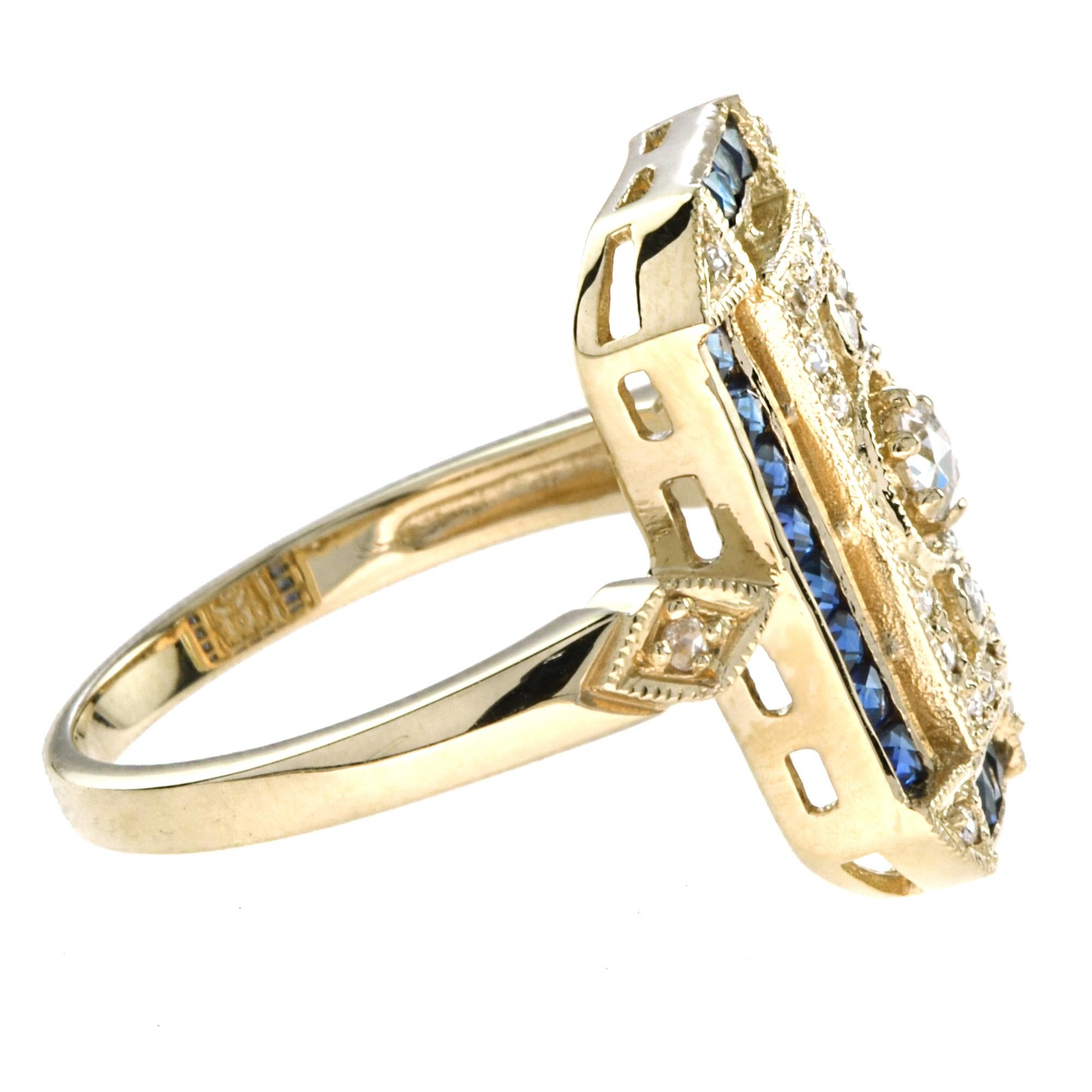 Edoardiano Old Cut Diamond & Blue Sapphire Antique Style Filigree Milgrain Yellow Gold Ring in vendita