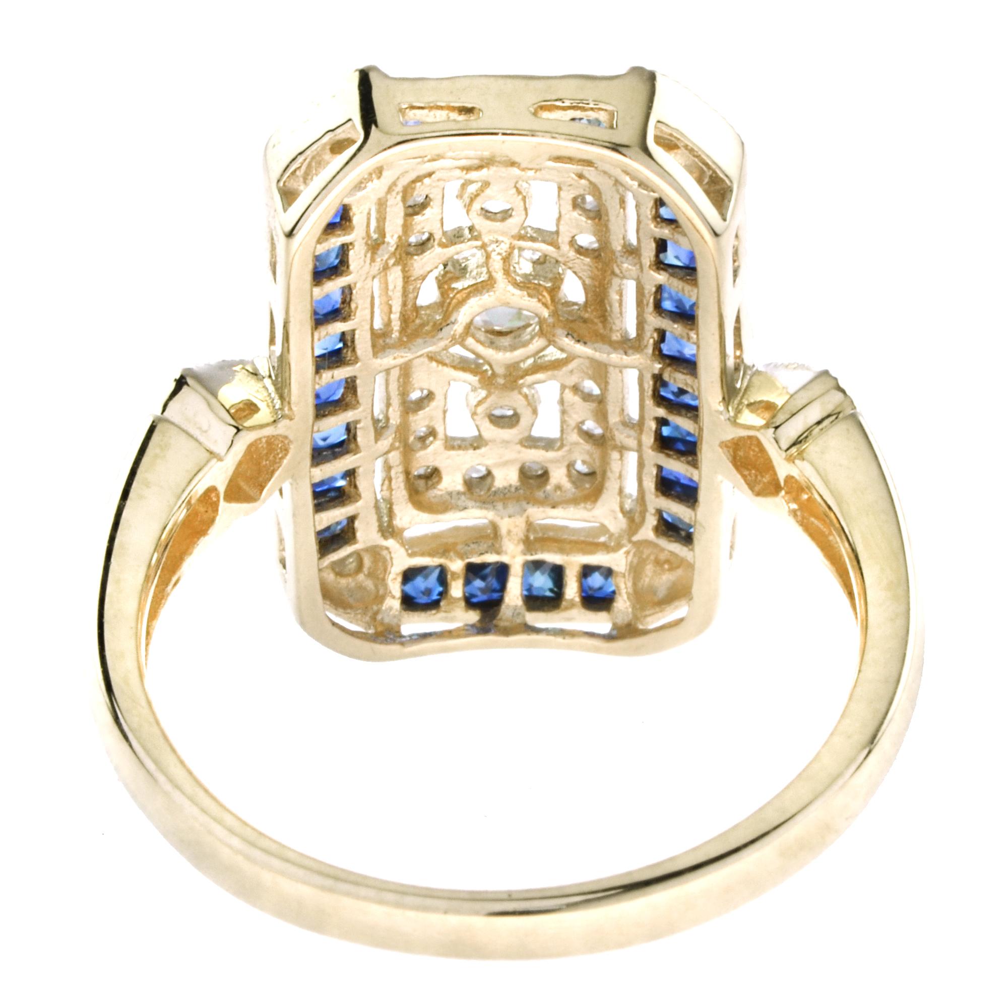 Taglio antico europeo Old Cut Diamond & Blue Sapphire Antique Style Filigree Milgrain Yellow Gold Ring in vendita