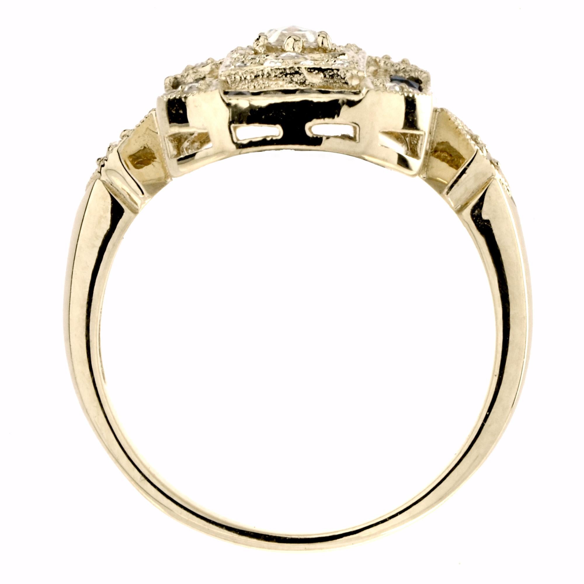 Old Cut Diamond & Blue Sapphire Antique Style Filigree Milgrain Yellow Gold Ring In condizioni Nuovo in vendita a Oakton, VA