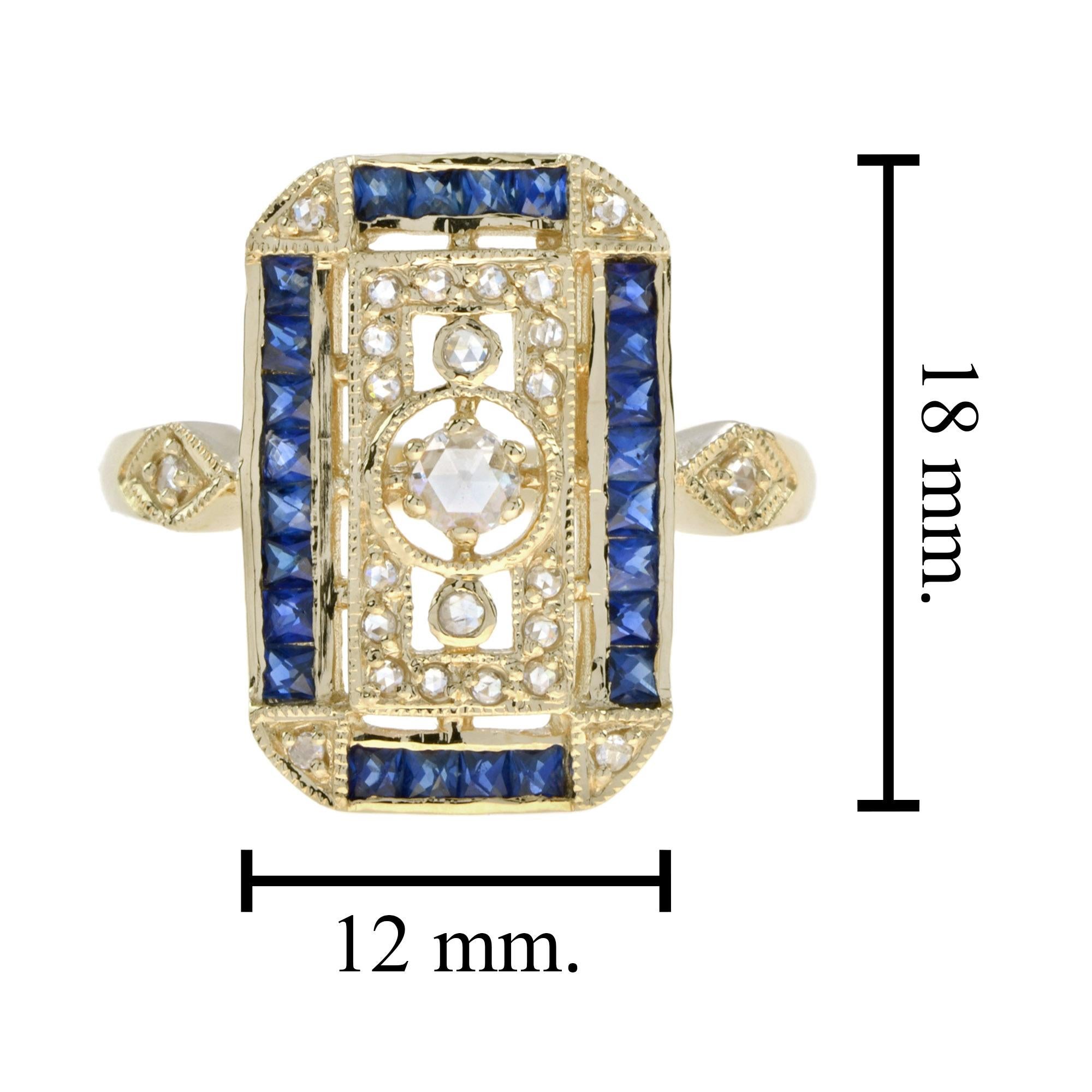 Old Cut Diamond & Blue Sapphire Antique Style Filigree Milgrain Yellow Gold Ring in vendita 1