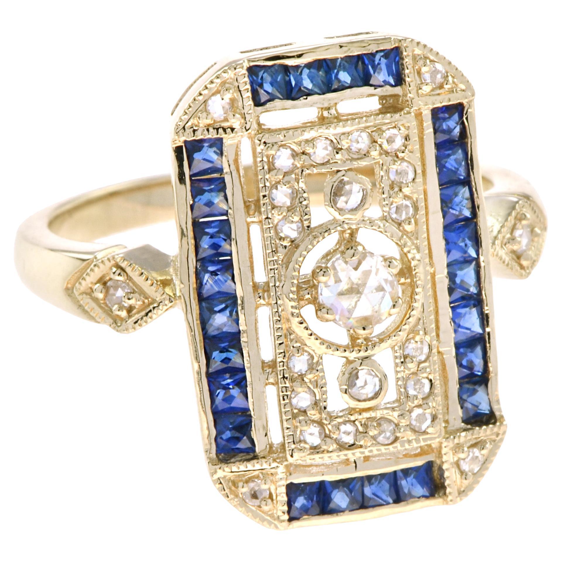 Old Cut Diamond & Blue Sapphire Antique Style Filigree Milgrain Yellow Gold Ring in vendita
