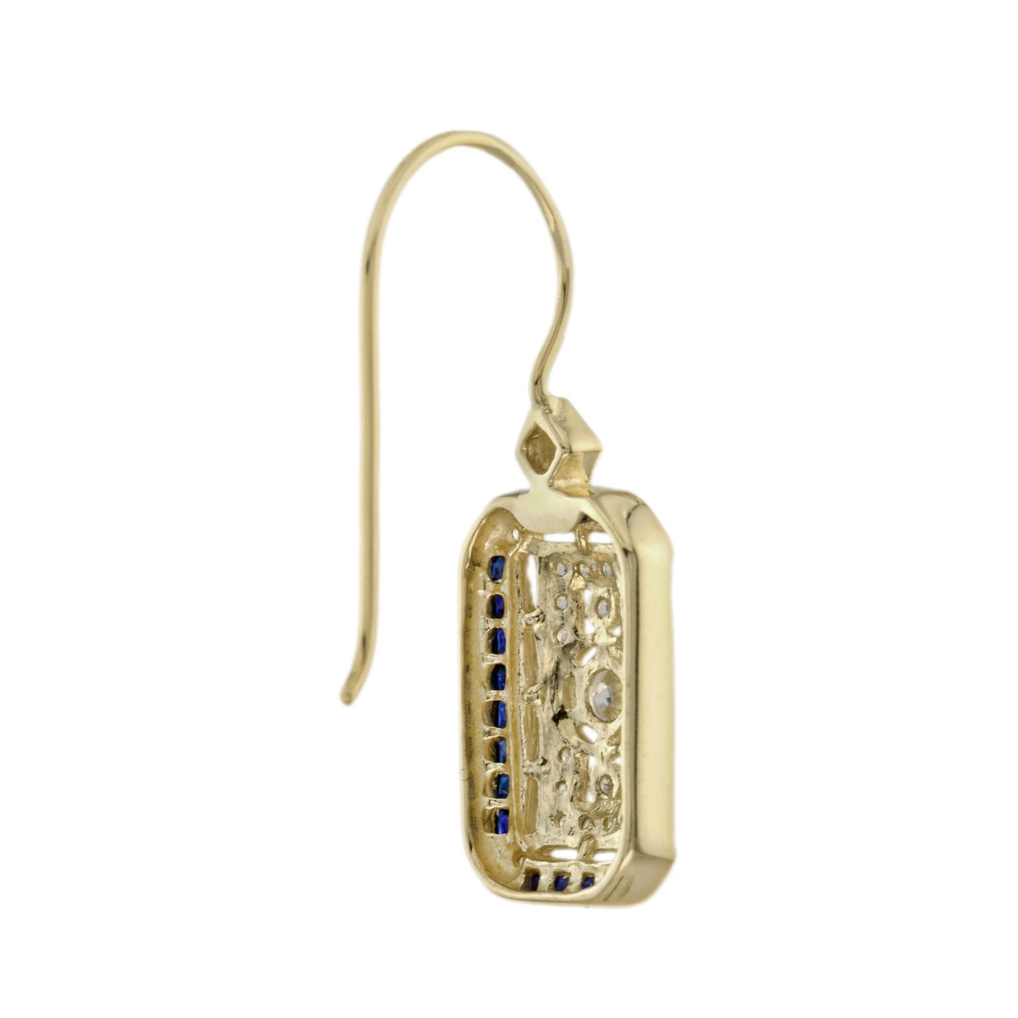 Edoardiano Old Cut Diamond & Blue Sapphire Antique Style Filigree Yellow Gold Earrings in vendita