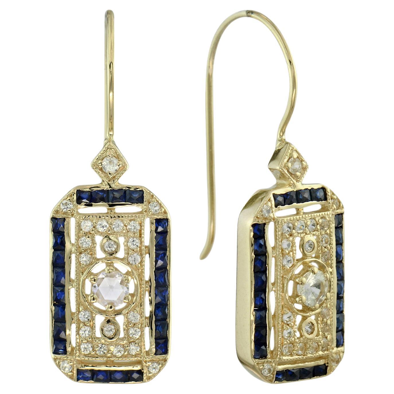 Old Cut Diamond & Blue Sapphire Antique Style Filigree Yellow Gold Earrings in vendita