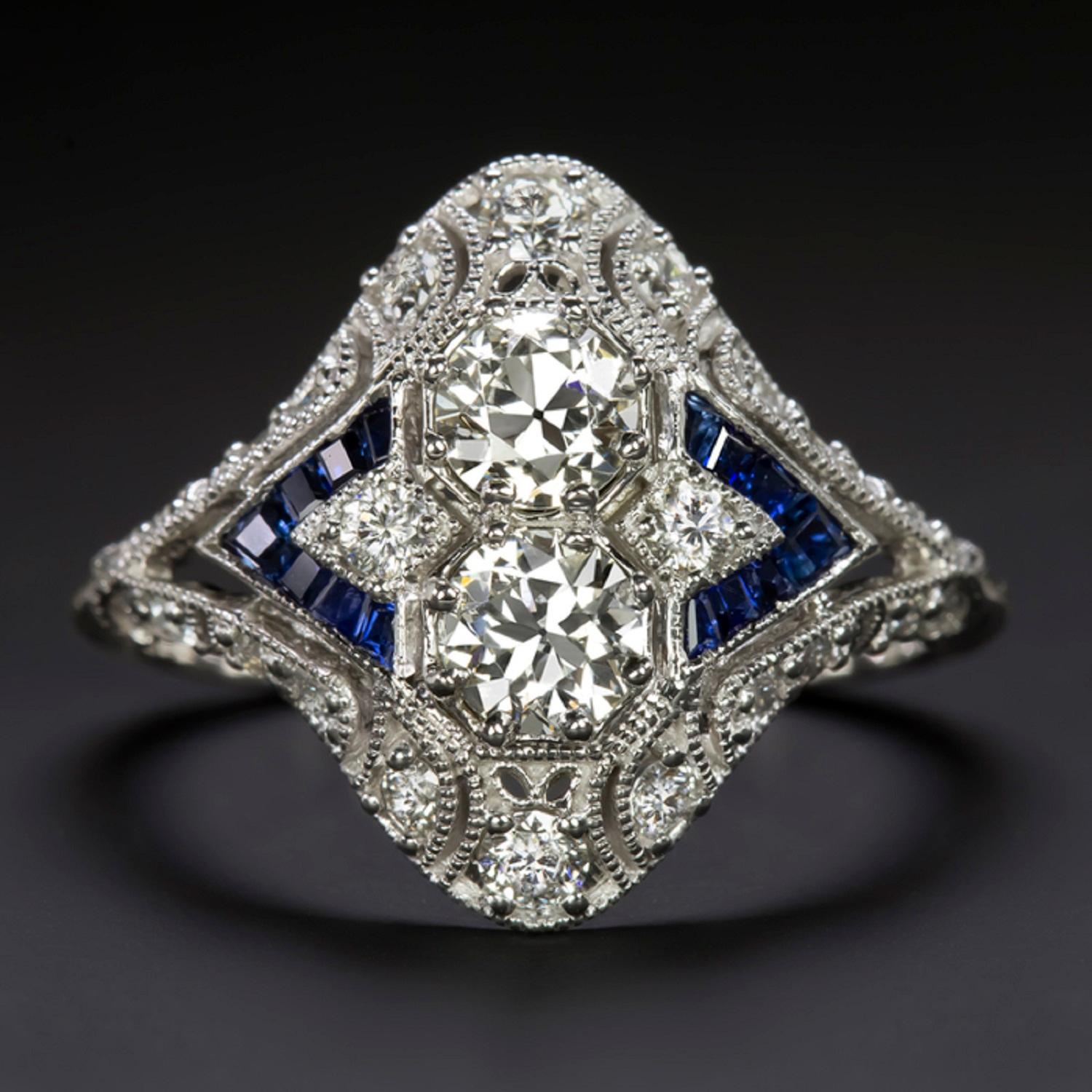 Art Deco Old Cut Diamond Blue Sapphire Carre Filigree Cocktail Ring