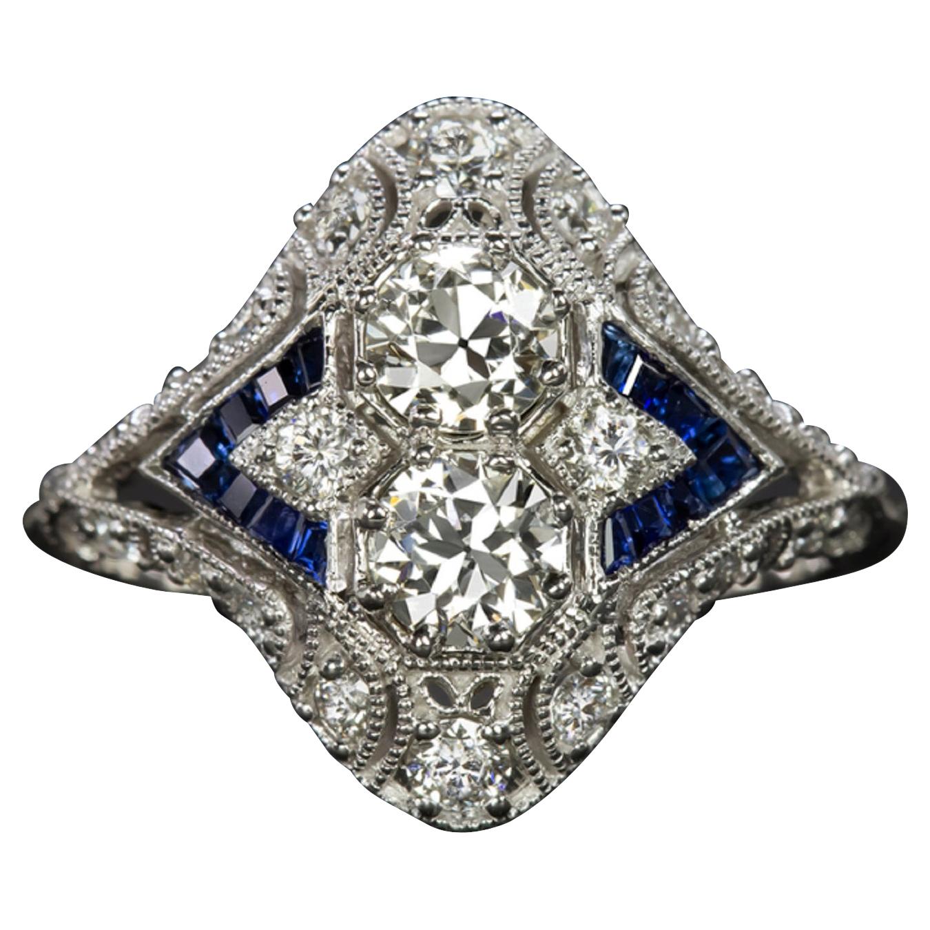 Old Cut Diamond Blue Sapphire Carre Filigree Cocktail Ring