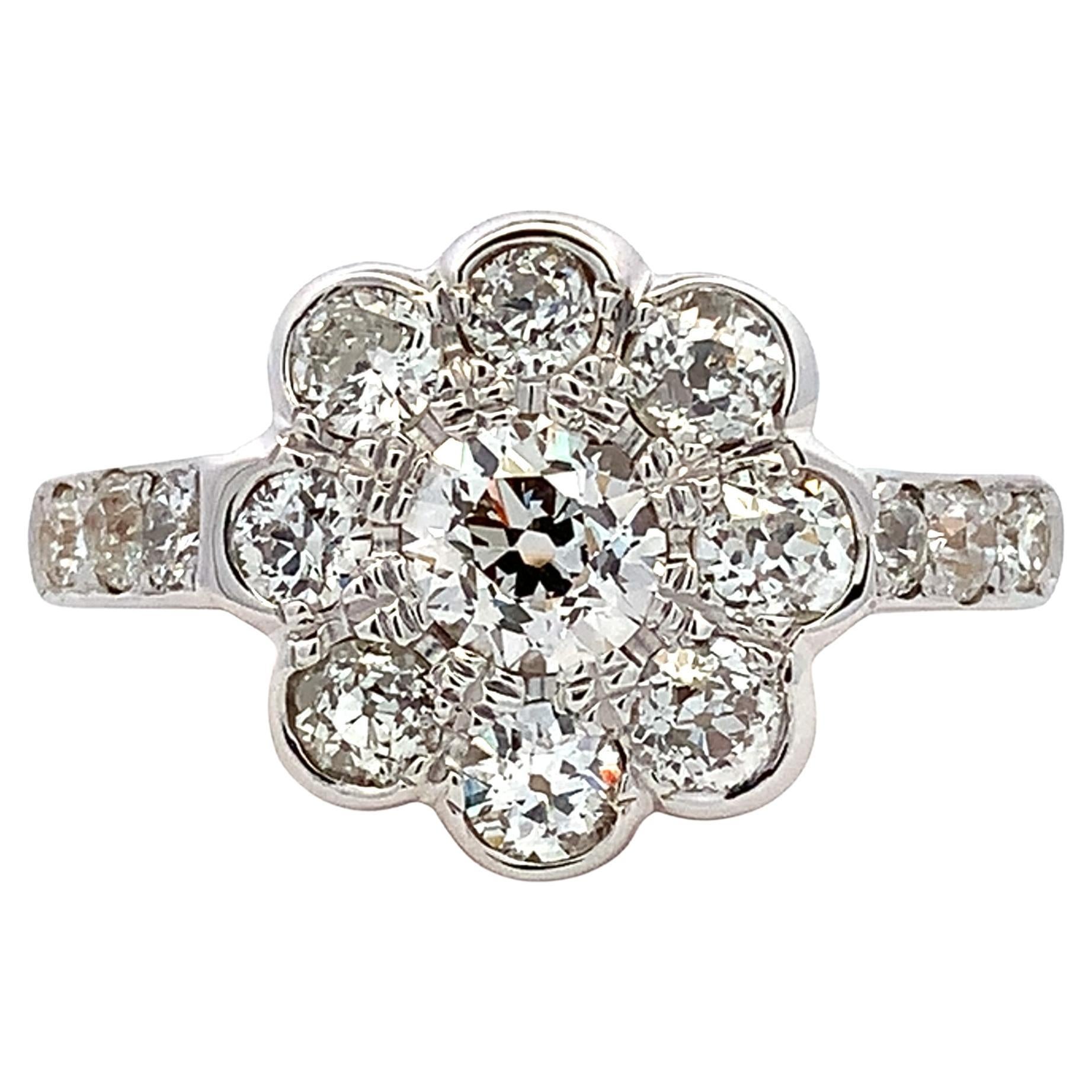 Old cut diamond cluster French antique engagement ring yellow gold For Sale