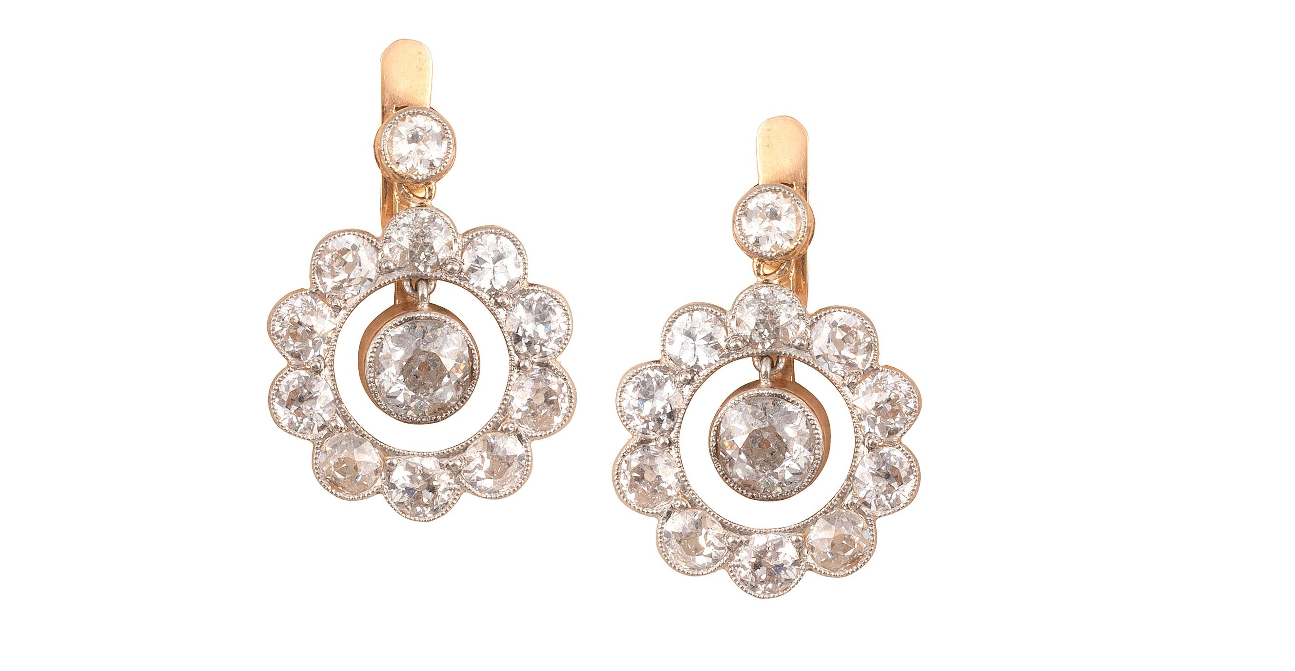 Belle Époque Old Cut Diamond Cluster Pendent Earrings For Sale