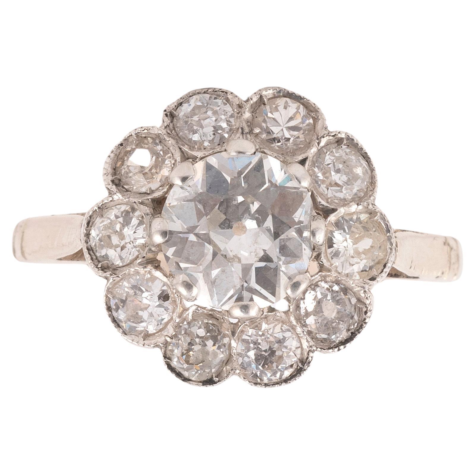 Retro Old Cut Diamond Cluster Ring For Sale