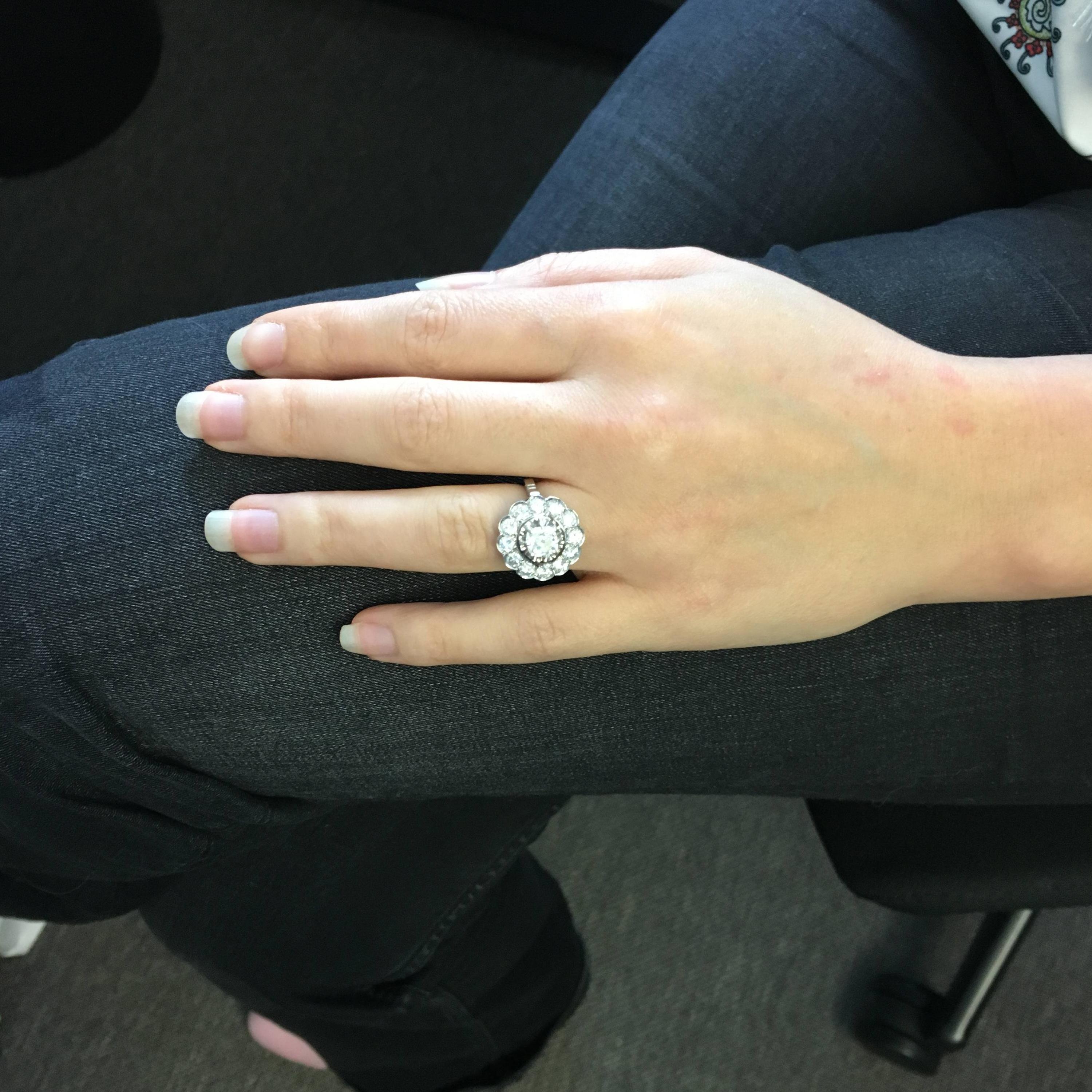 Women's or Men's Old Cut Diamond Cluster Ring in Platinum