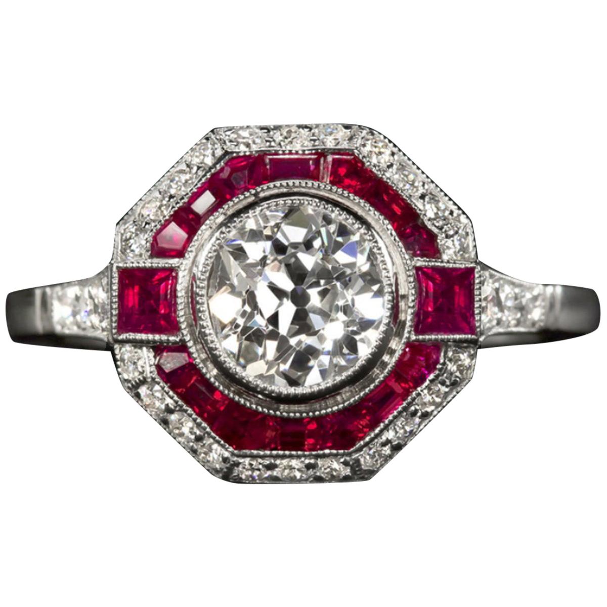 Old Cut Diamond Engagement Ring Ruby Platinum
