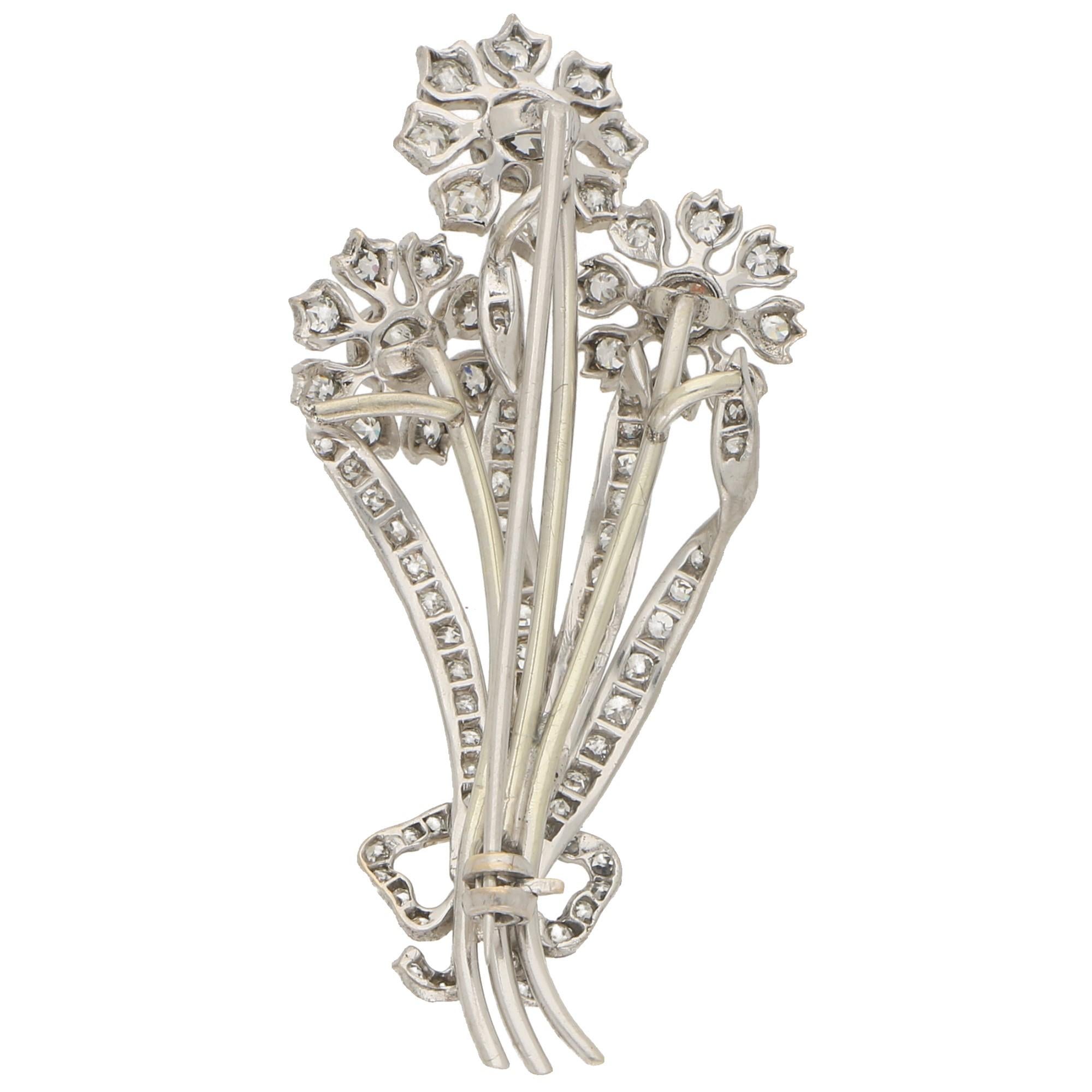 Retro Old Cut Diamond Flower Bouquet Brooch in Platinum