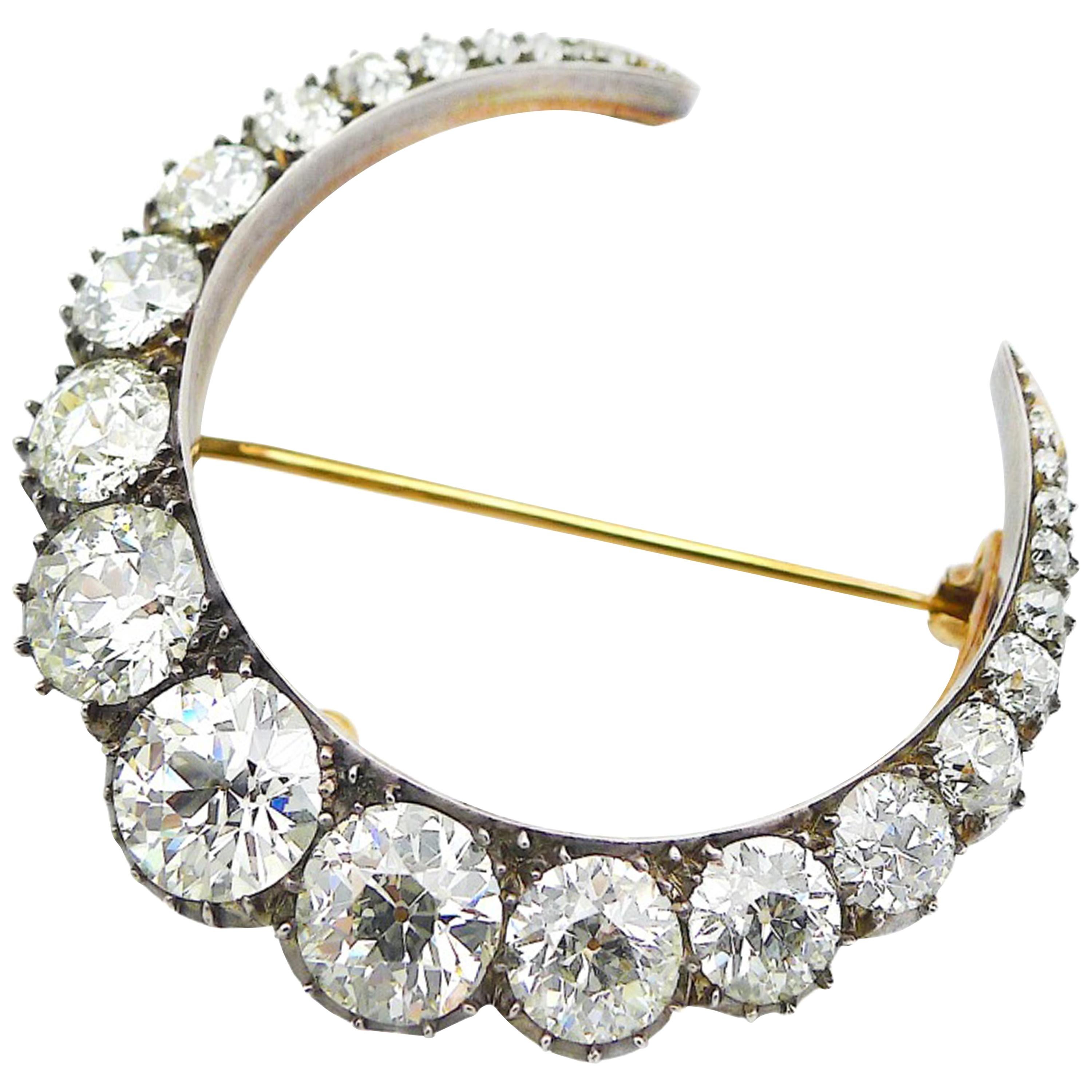 Old Cut Diamond Gold and Silver Crescent Moon Antique Brooch For Sale