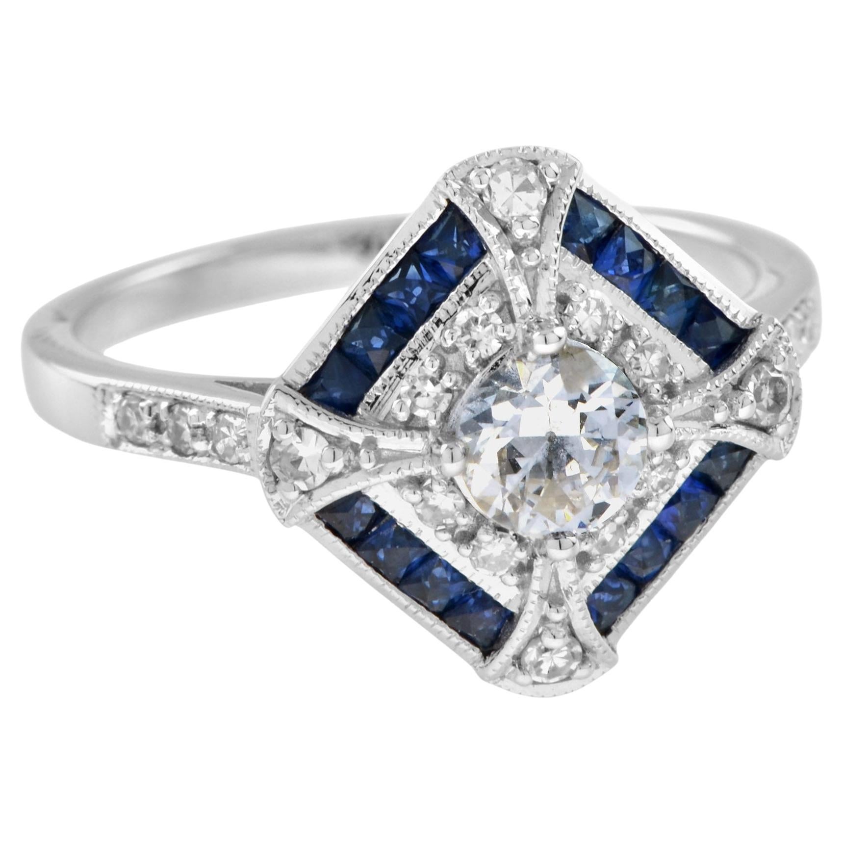 Old Cut Diamond & Halo Diamond Blue Sapphire Art Deco Style 18K White Gold Ring