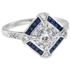 Old Cut Diamond & Halo Diamond Blue Sapphire Art Deco Style 18K White Gold Ring