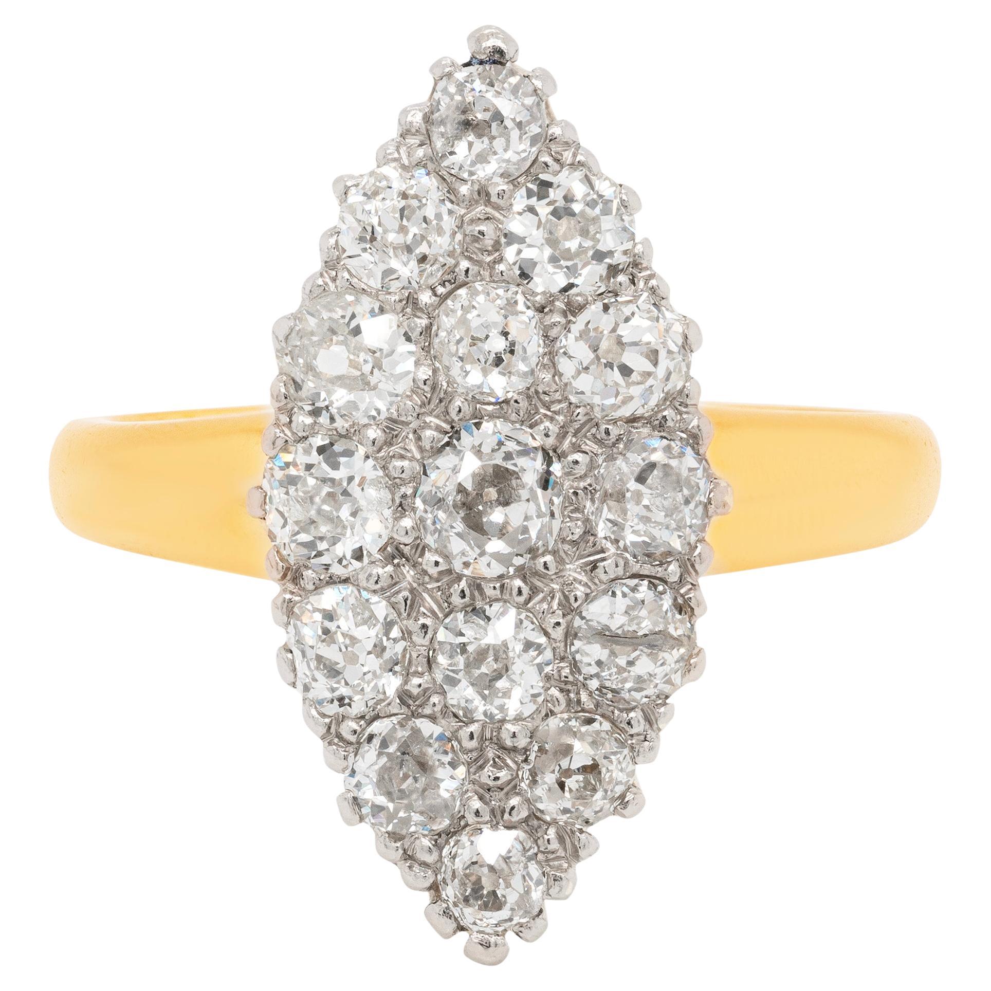 Old Cut Diamond Marquise 18 Carat Gold Cluster Ring For Sale