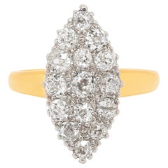 Vintage Old Cut Diamond Marquise 18 Carat Gold Cluster Ring