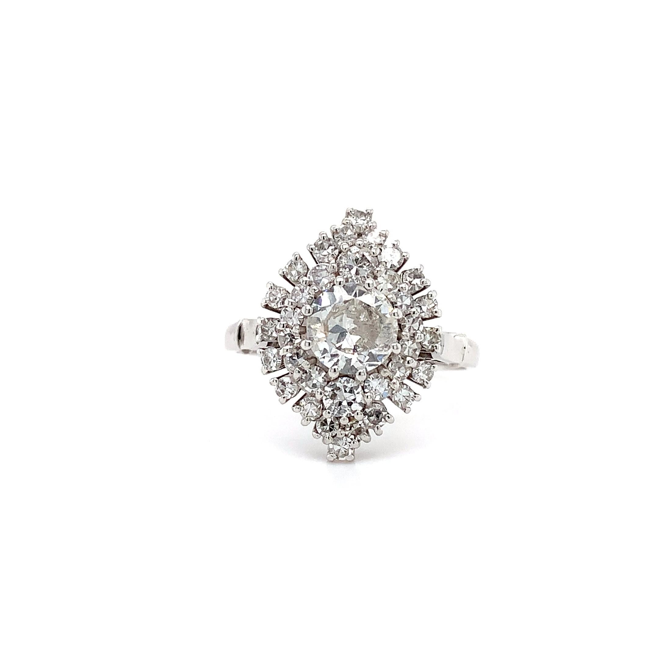 Old cut diamond marquise art deco cocktail ring platinum In New Condition For Sale In London, GB