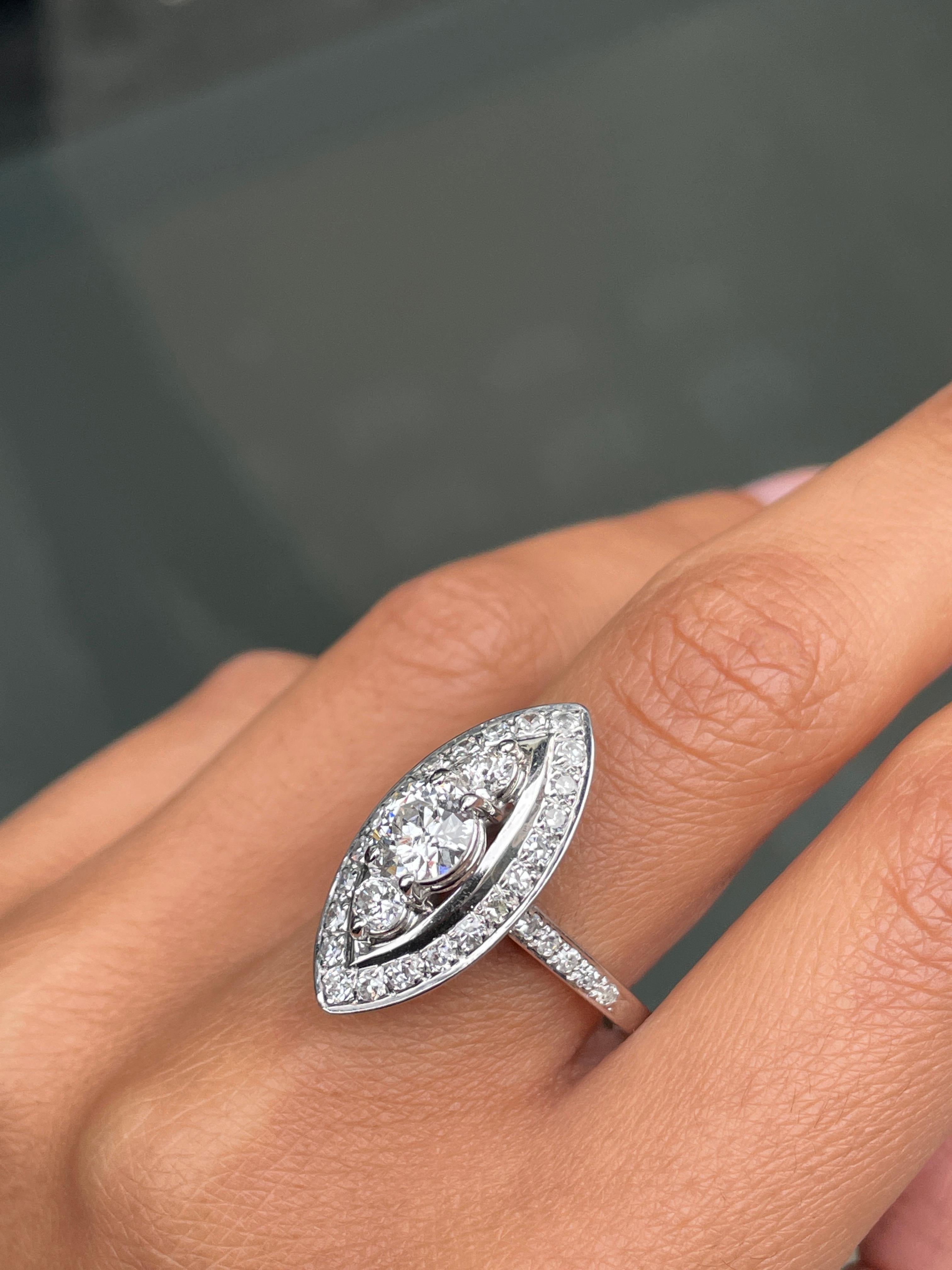 Old Mine Cut Old Cut Diamond Marquise Shaped Platinum Dress Ring For Sale