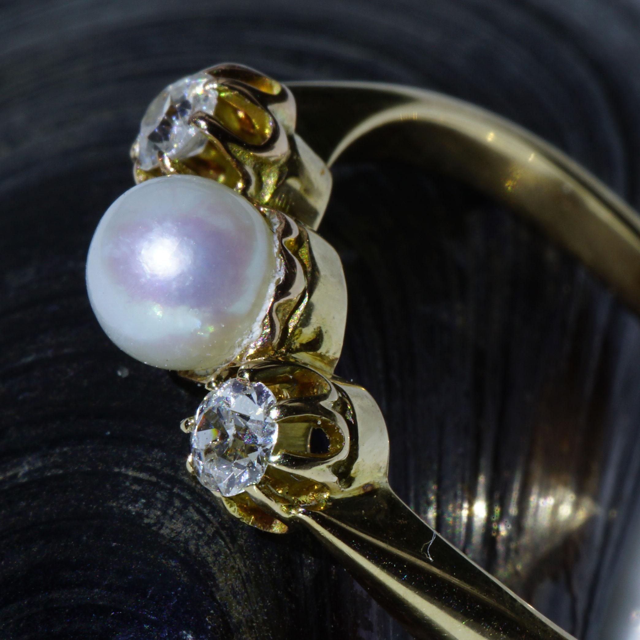 Old Cut Diamant-Perlenring 0,20 Karat Gelbgold um 1910 feine weiße/pink Perle im Angebot 4