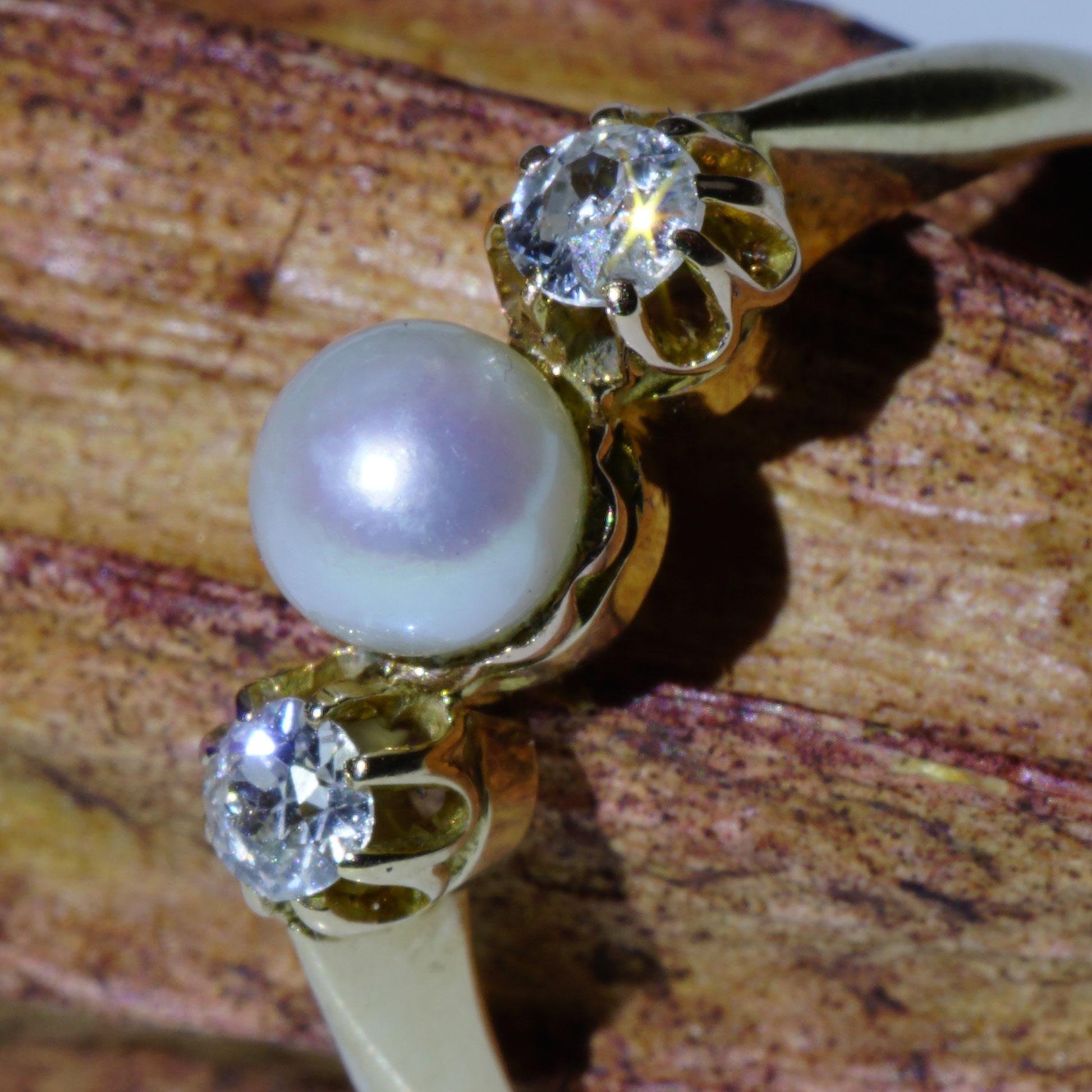 Old Cut Diamant-Perlenring 0,20 Karat Gelbgold um 1910 feine weiße/pink Perle im Angebot 6