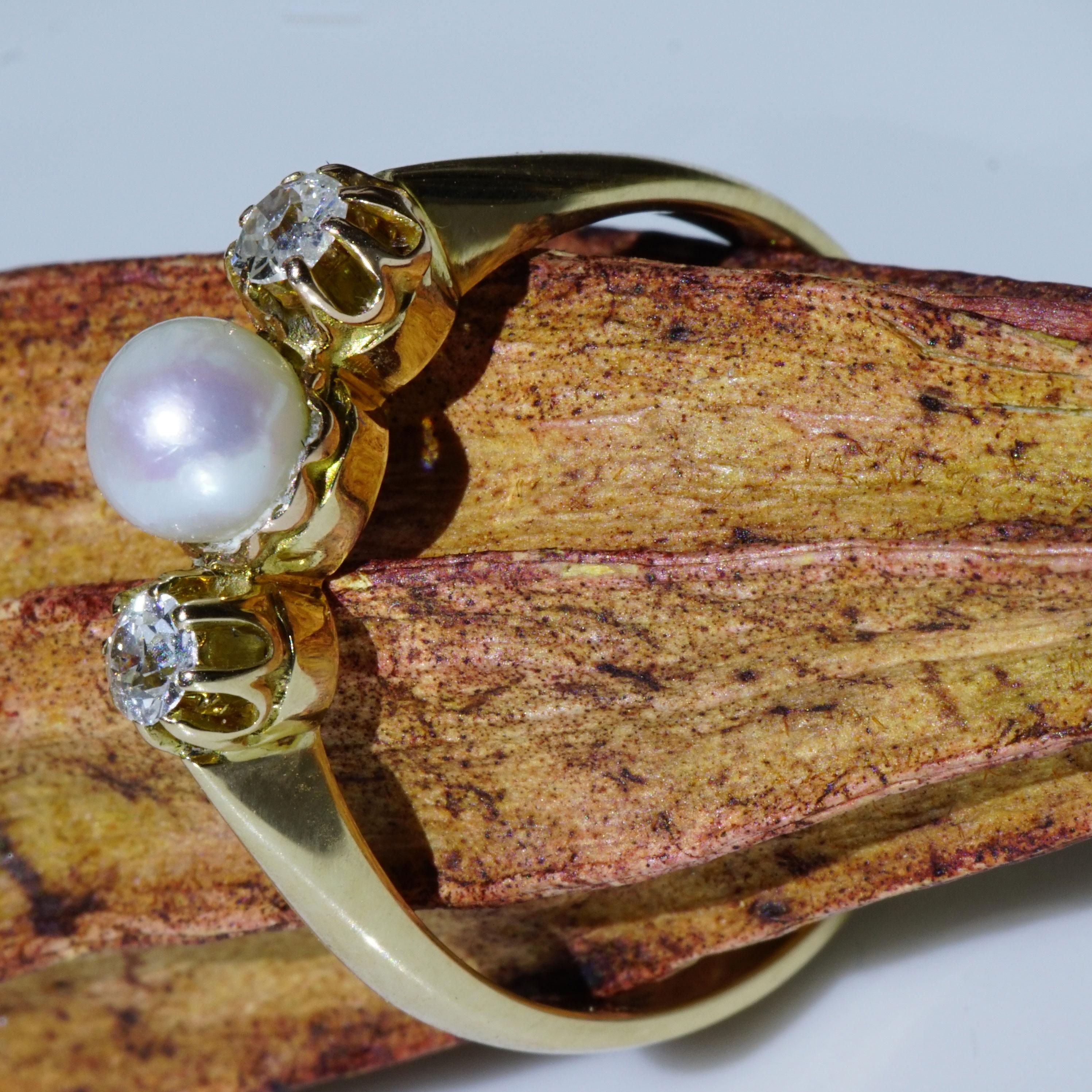 Old Cut Diamant-Perlenring 0,20 Karat Gelbgold um 1910 feine weiße/pink Perle im Angebot 7