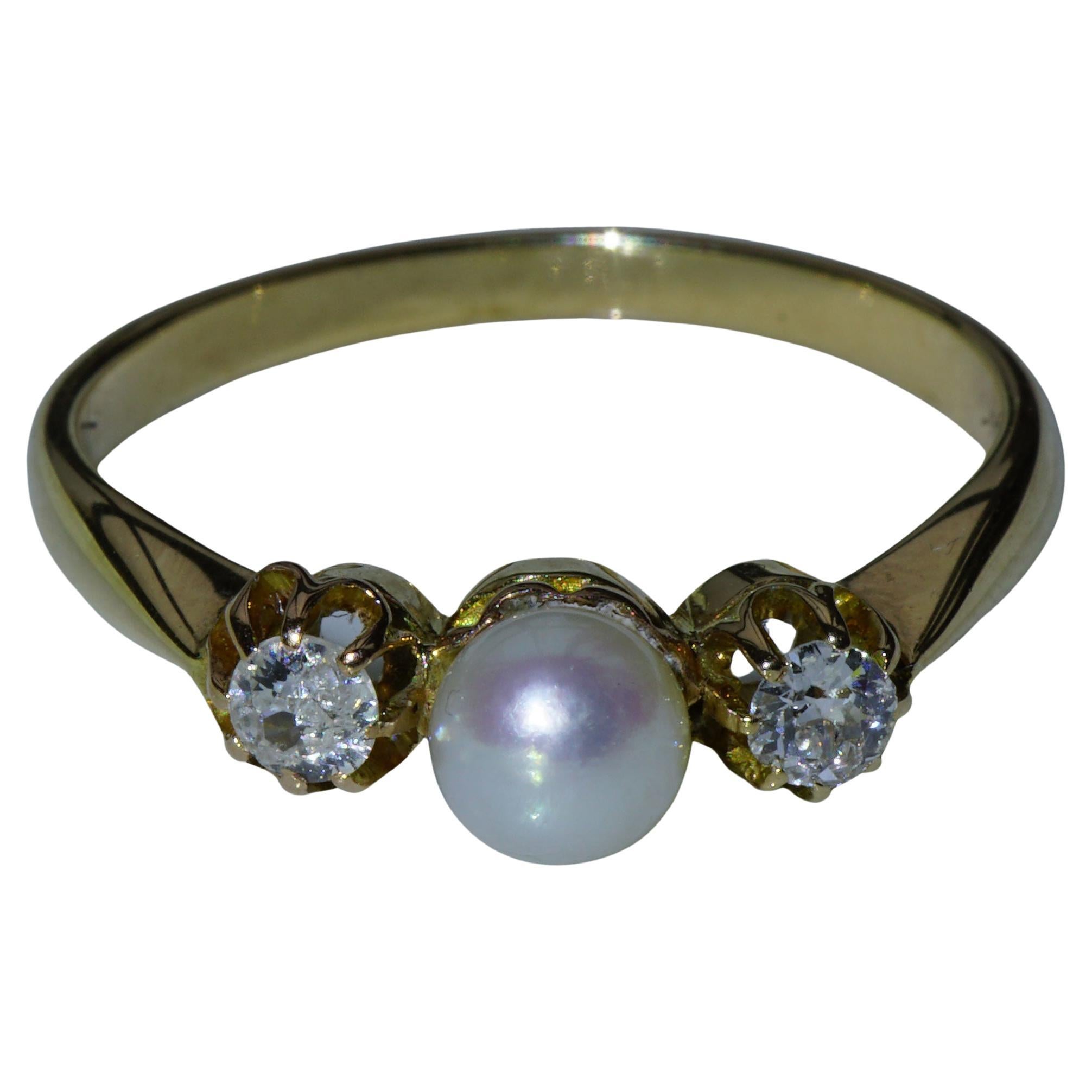 Old Cut Diamant-Perlenring 0,20 Karat Gelbgold um 1910 feine weiße/pink Perle im Angebot