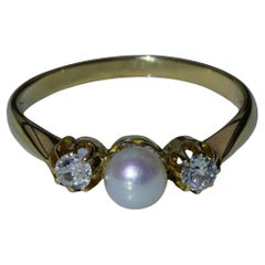 Old Cut Diamond Pearl Ring 0.20 ct Yellow Gold about 1910 fine white/pink Pearl