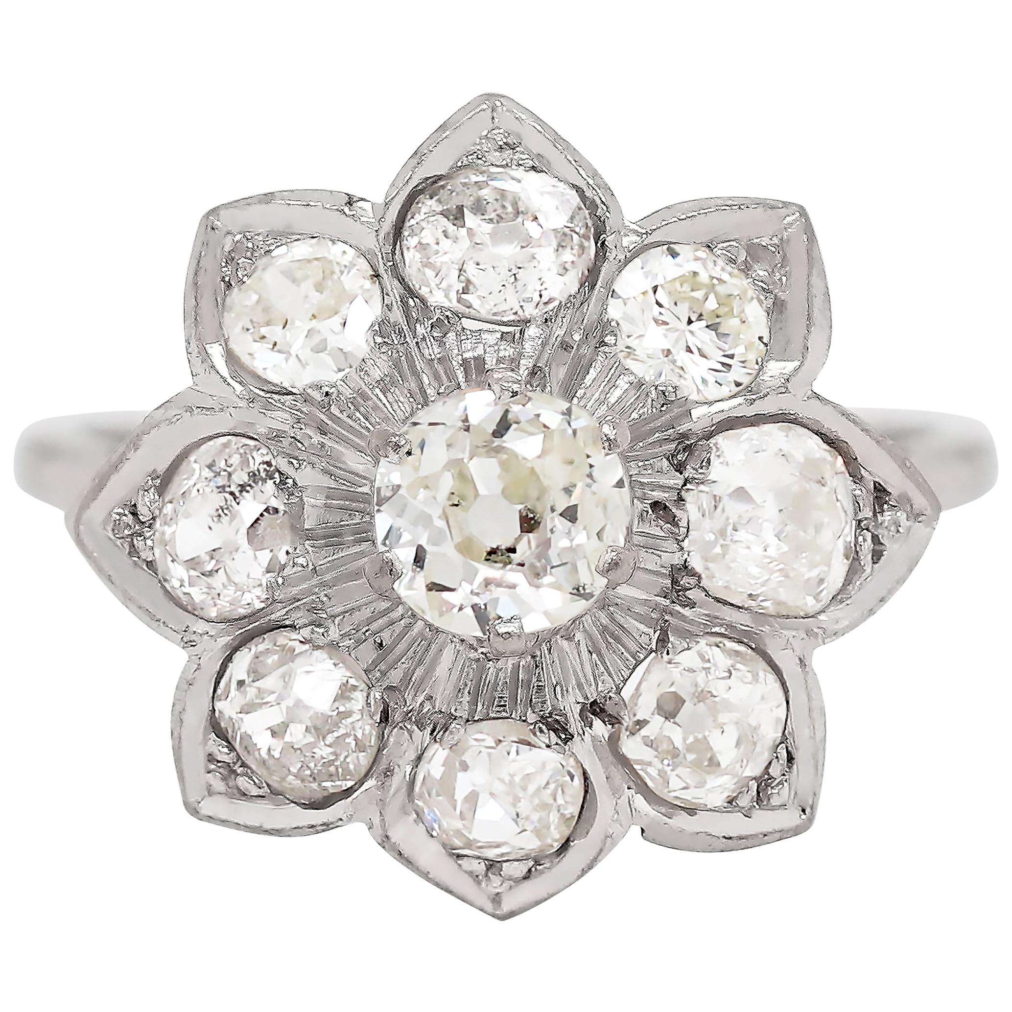 Old Cut Diamond Platinum Flower Cluster Dress Ring, circa 1930s