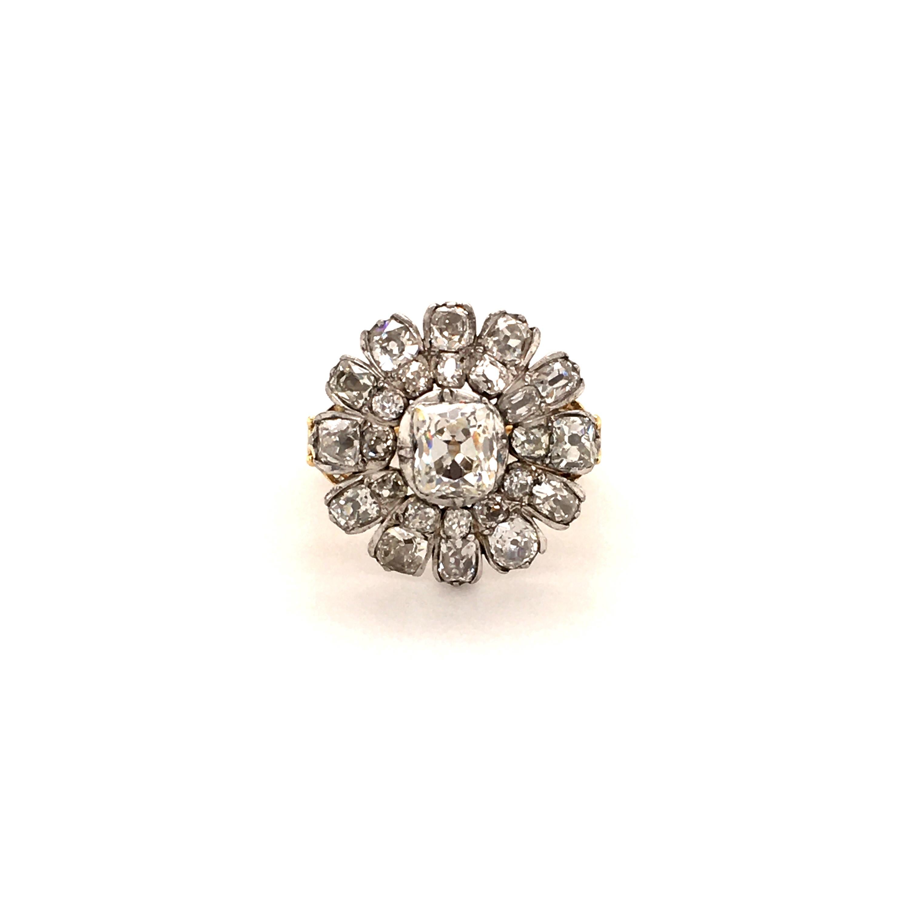 This enchanting flower ring is set with a beautiful cushion-shaped old-cut diamond of 0.90 ct and J-si2 quality.
Double entourage with 24 old cut diamonds in various shapes totalling around 2.20 ct of K/L-si quality.
Top of the ring manufactured in