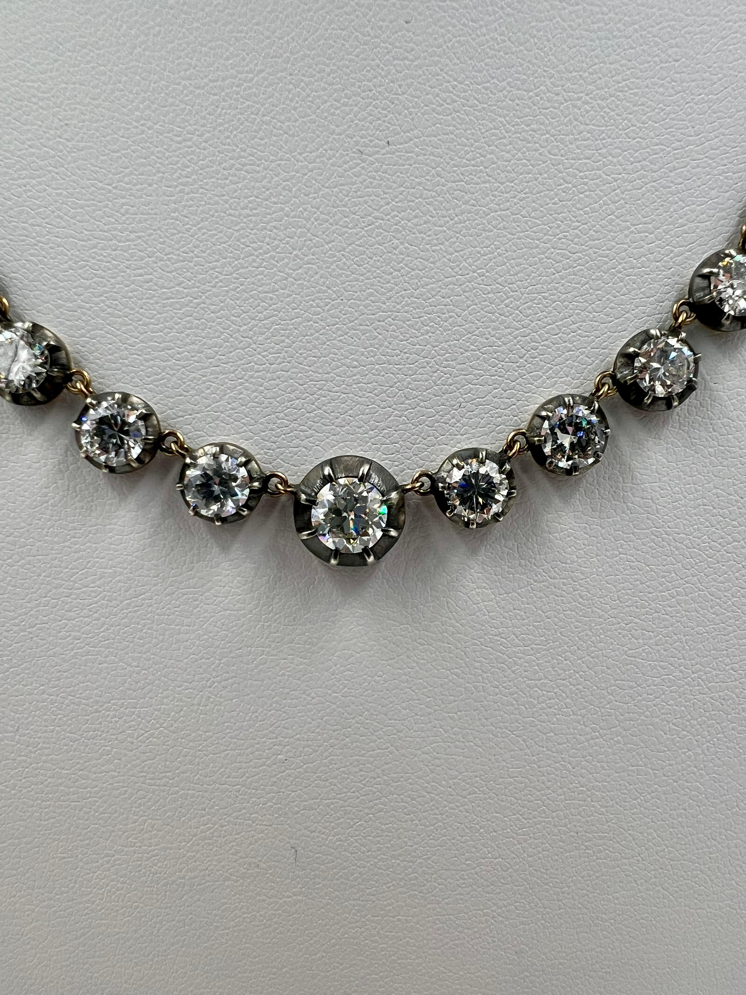 Mixed Cut Old Cut Diamond Riviera Gold Silver Necklace For Sale