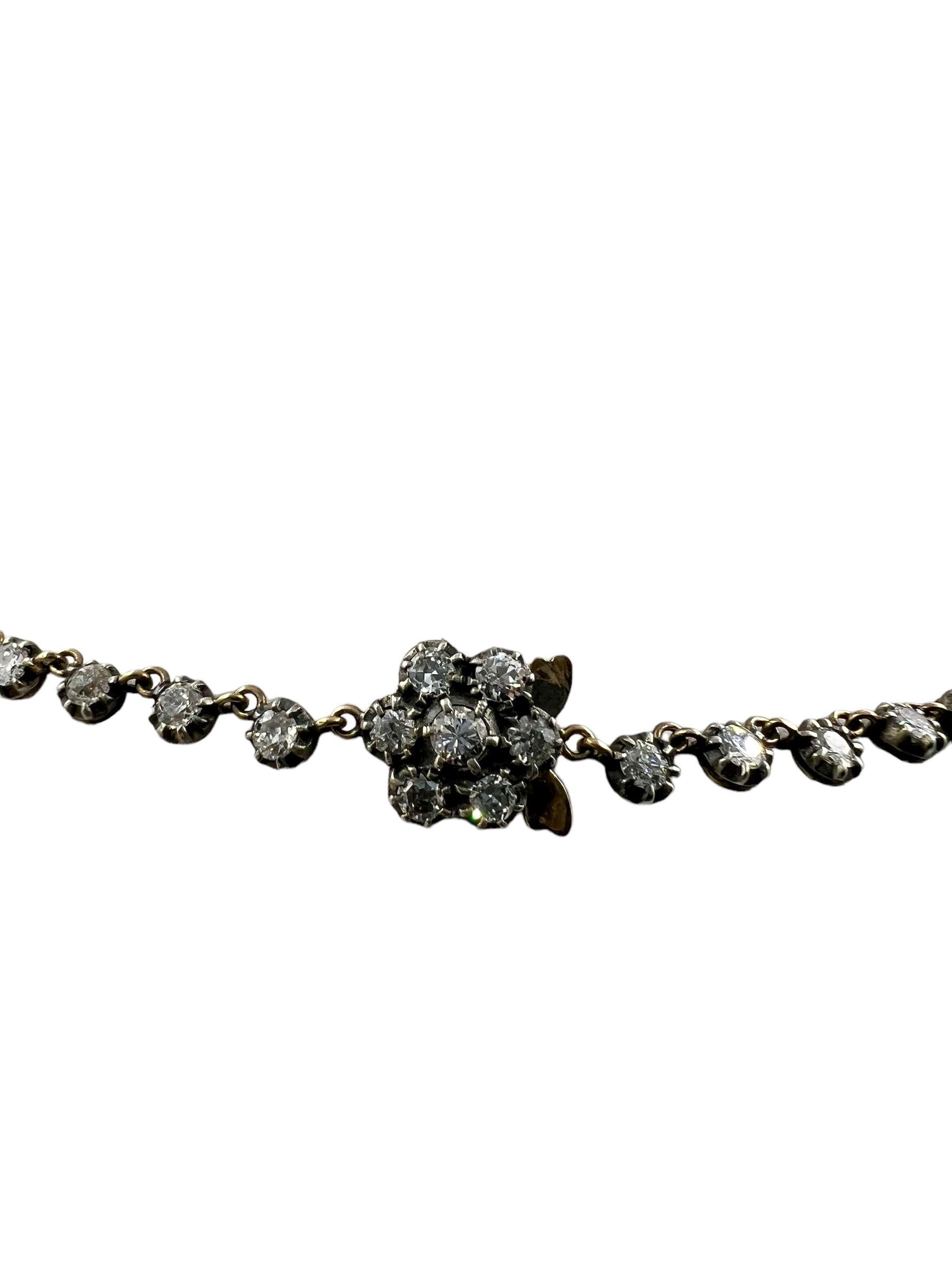 Old Cut Diamond Riviera Gold Silver Necklace In Good Condition In Los Angeles, CA