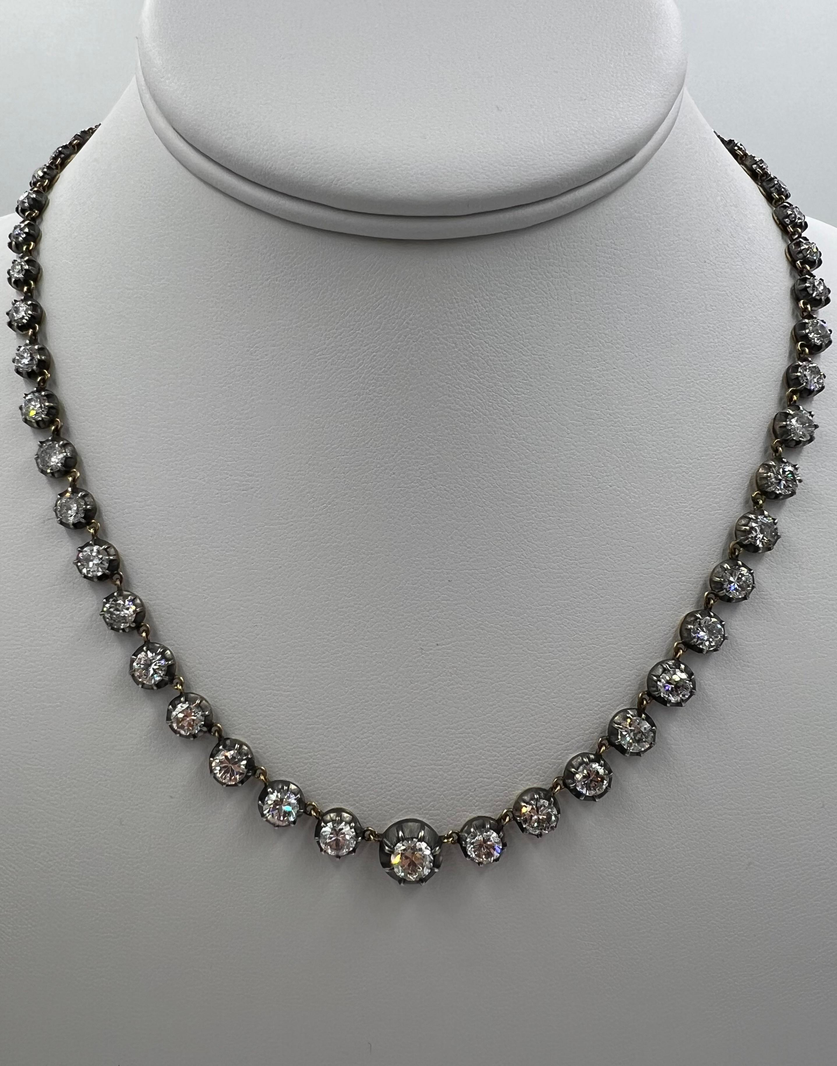 Old Cut Diamond Riviera Gold Silver Necklace For Sale 1