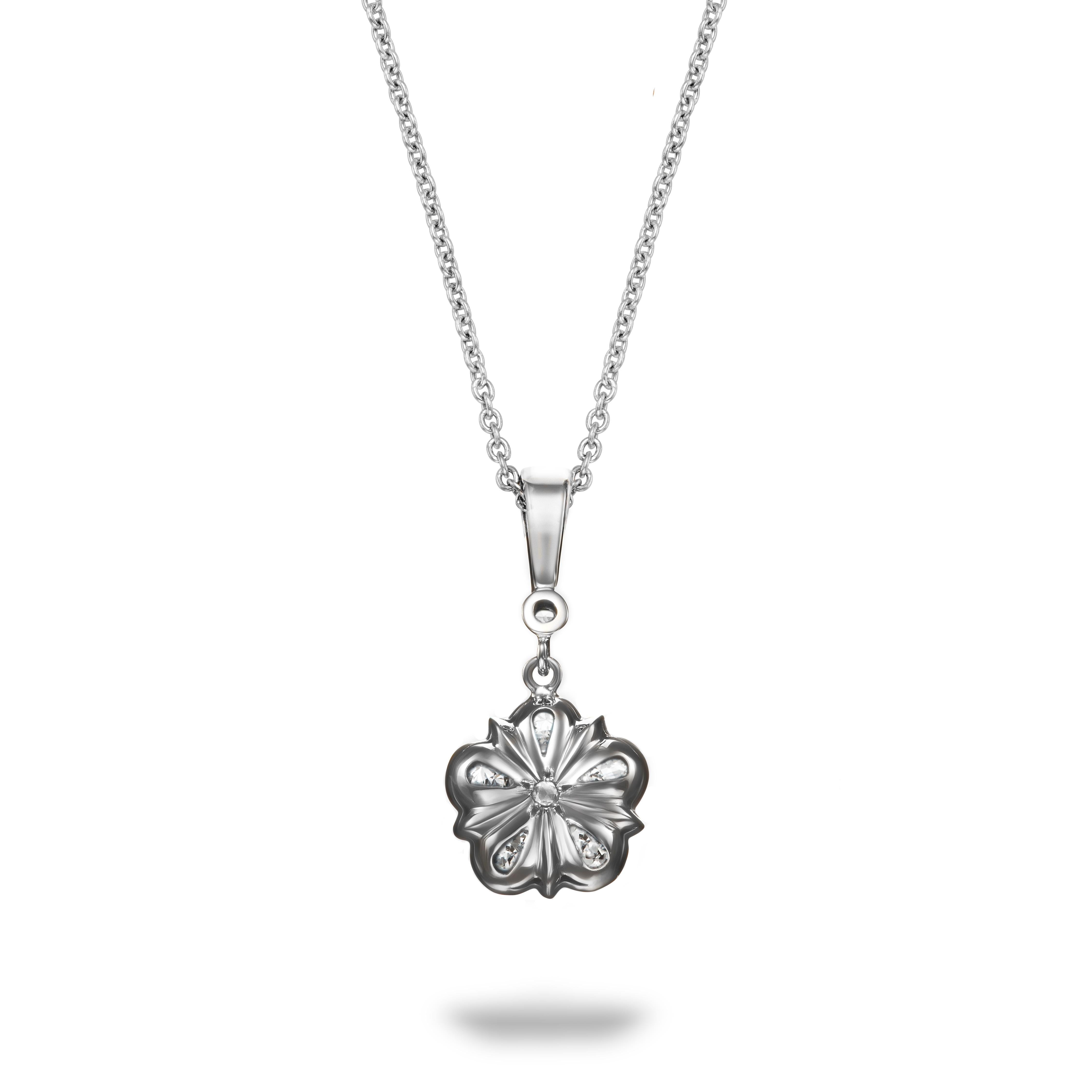 This stunning old cut diamond Rose pendant features sparkling old European cut diamonds set in bright platinum. The pendant is suspended from a platinum bail with another lovely matching old cut diamond. In true Aril Jewels style, the back of the