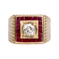 Old Cut Diamond Ruby 14 Karat Gold Vintage Textured Men's Ring