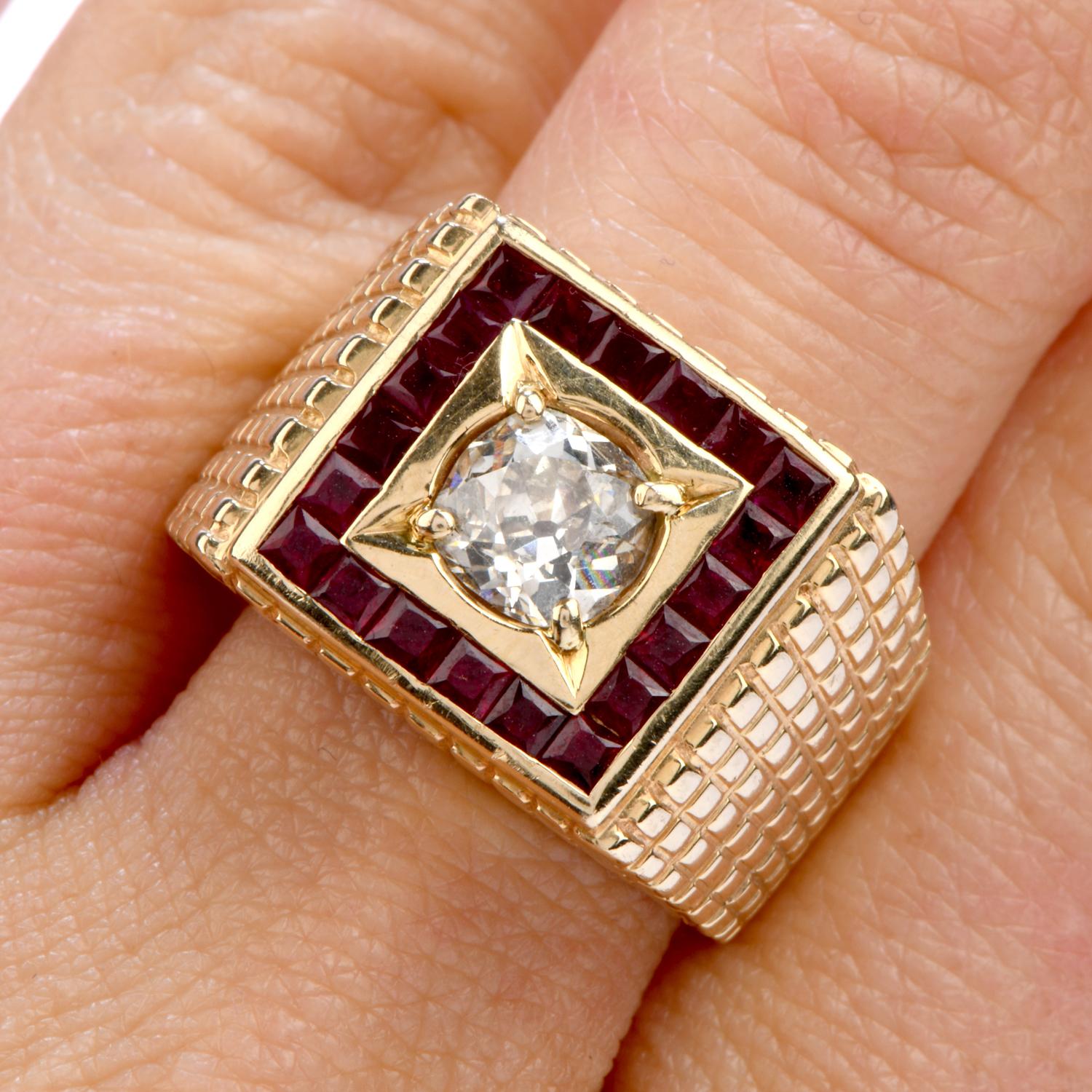 Old Mine Cut Old Cut Diamond Ruby 14 Karat Gold Retro Textured Men's Ring