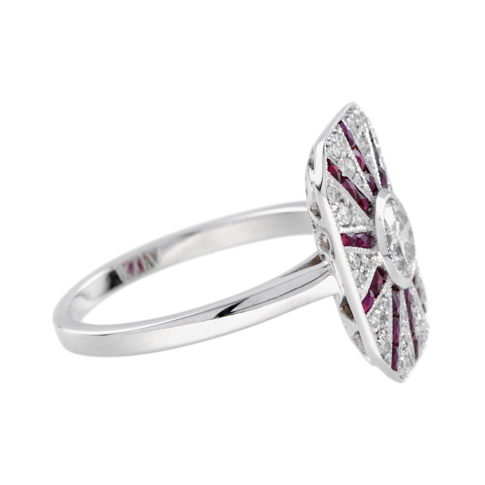Old European Cut Old Cut Diamond & Ruby Art Deco Style Pave Ring Sunburst 18K White Gold Ring For Sale