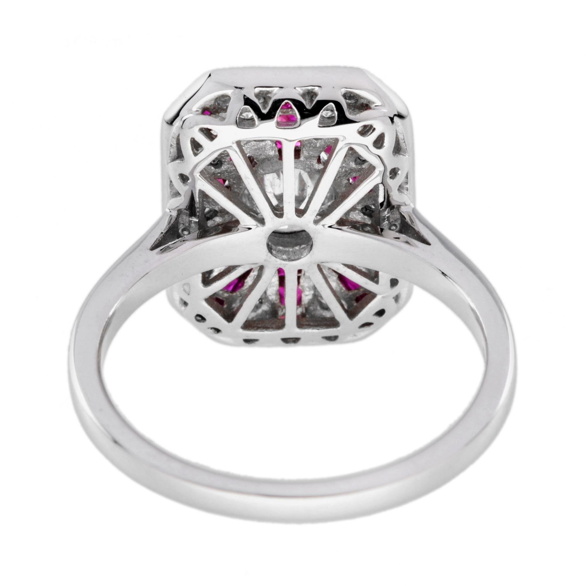 Old Cut Diamond & Ruby Art Deco Style Pave Ring Sunburst 18K White Gold Ring In New Condition For Sale In Oakton, VA