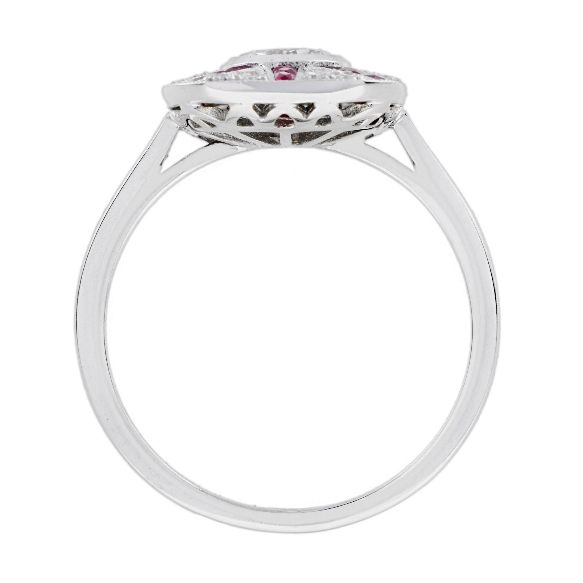 Women's Old Cut Diamond & Ruby Art Deco Style Pave Ring Sunburst 18K White Gold Ring For Sale
