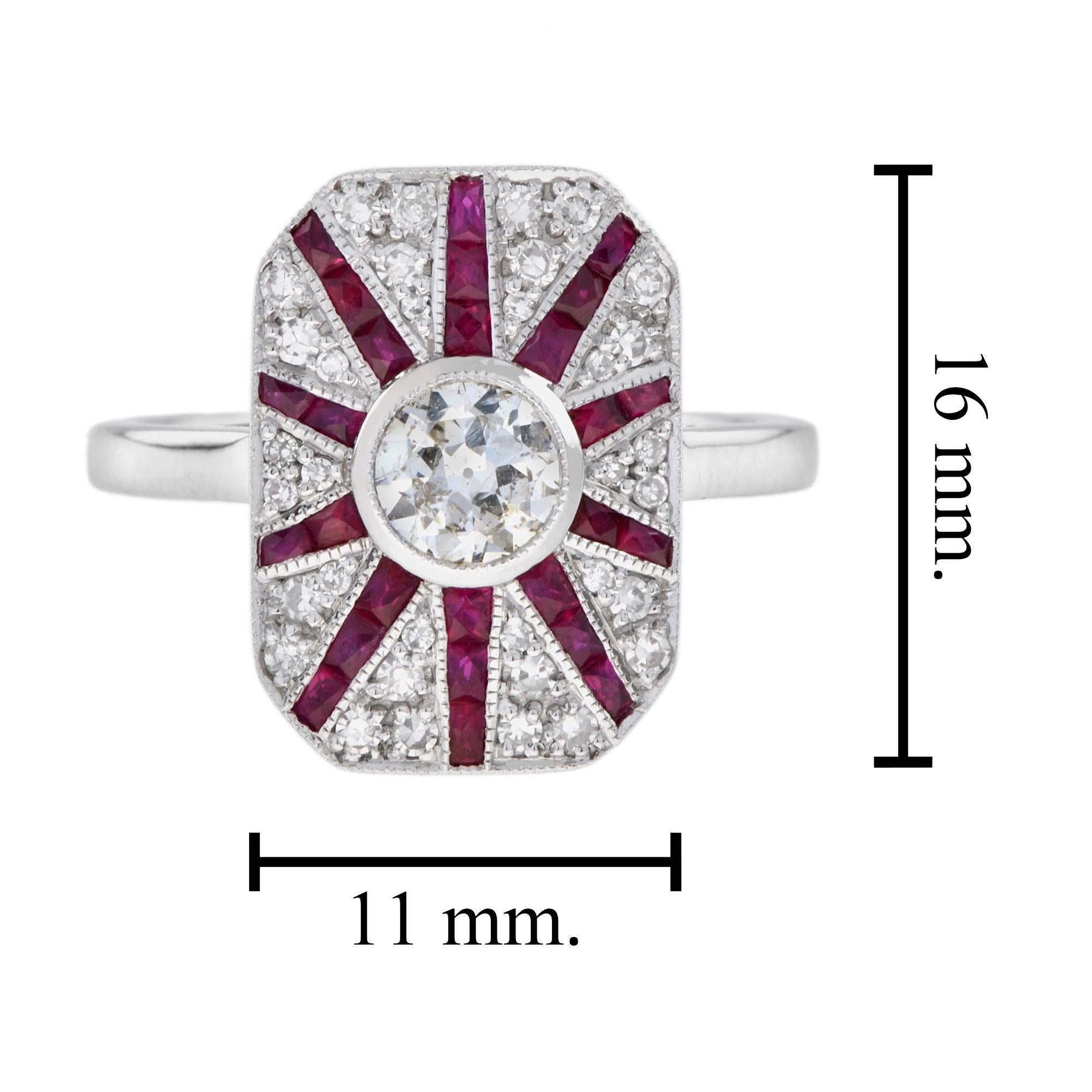 Old Cut Diamond & Ruby Art Deco Style Pave Ring Sunburst 18K White Gold Ring For Sale 1