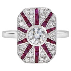 Old Cut Diamond & Ruby Art Deco Style Pave Ring Sunburst 18K White Gold Ring