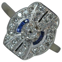 Old Cut Diamond Sapphire 18 Carat White Gold Platinum Panel Cluster Ring