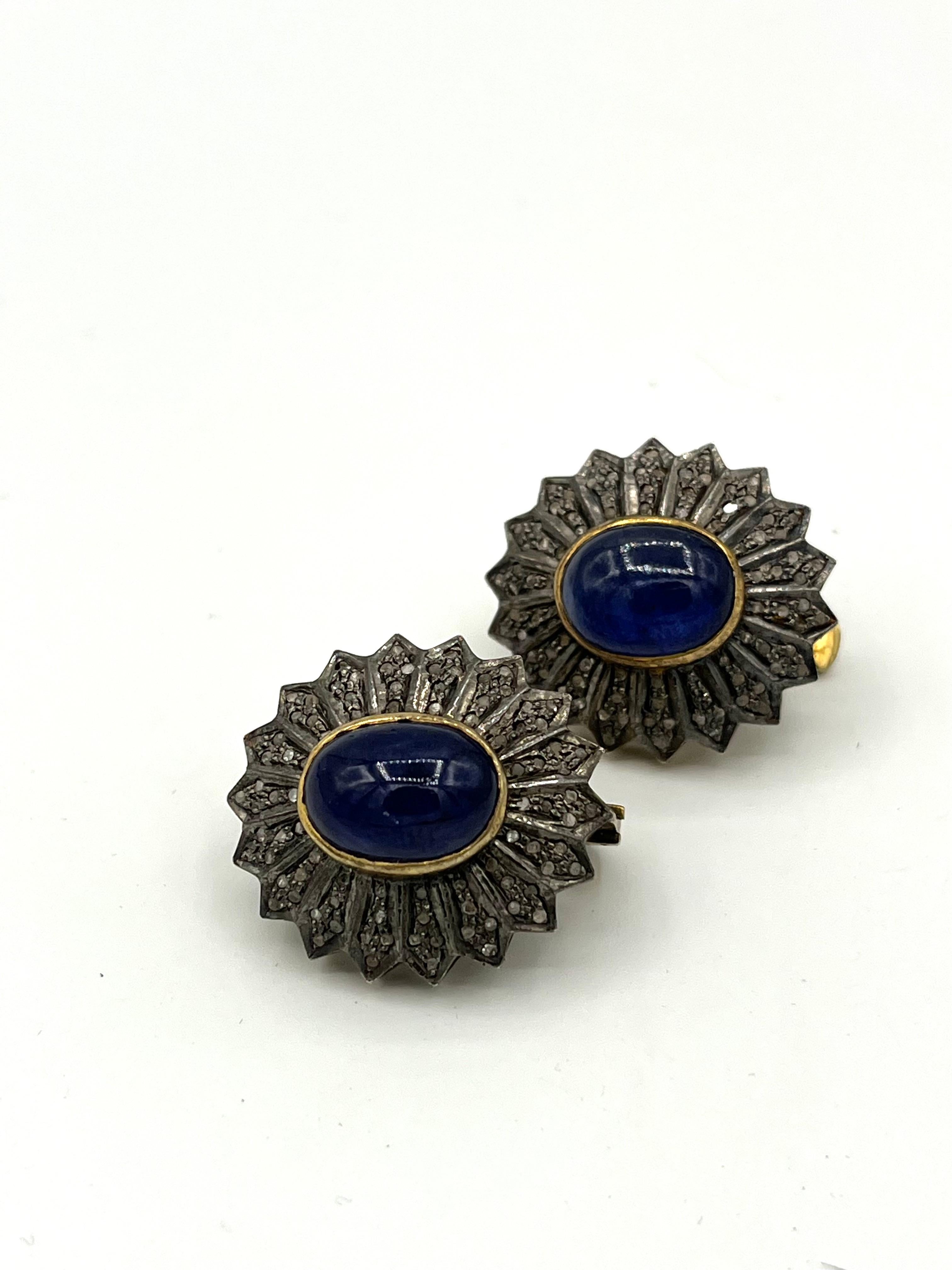 Old Cut Diamond Sapphire Silver Gold Plated Earrings In New Condition For Sale In Bad Kissingen, DE