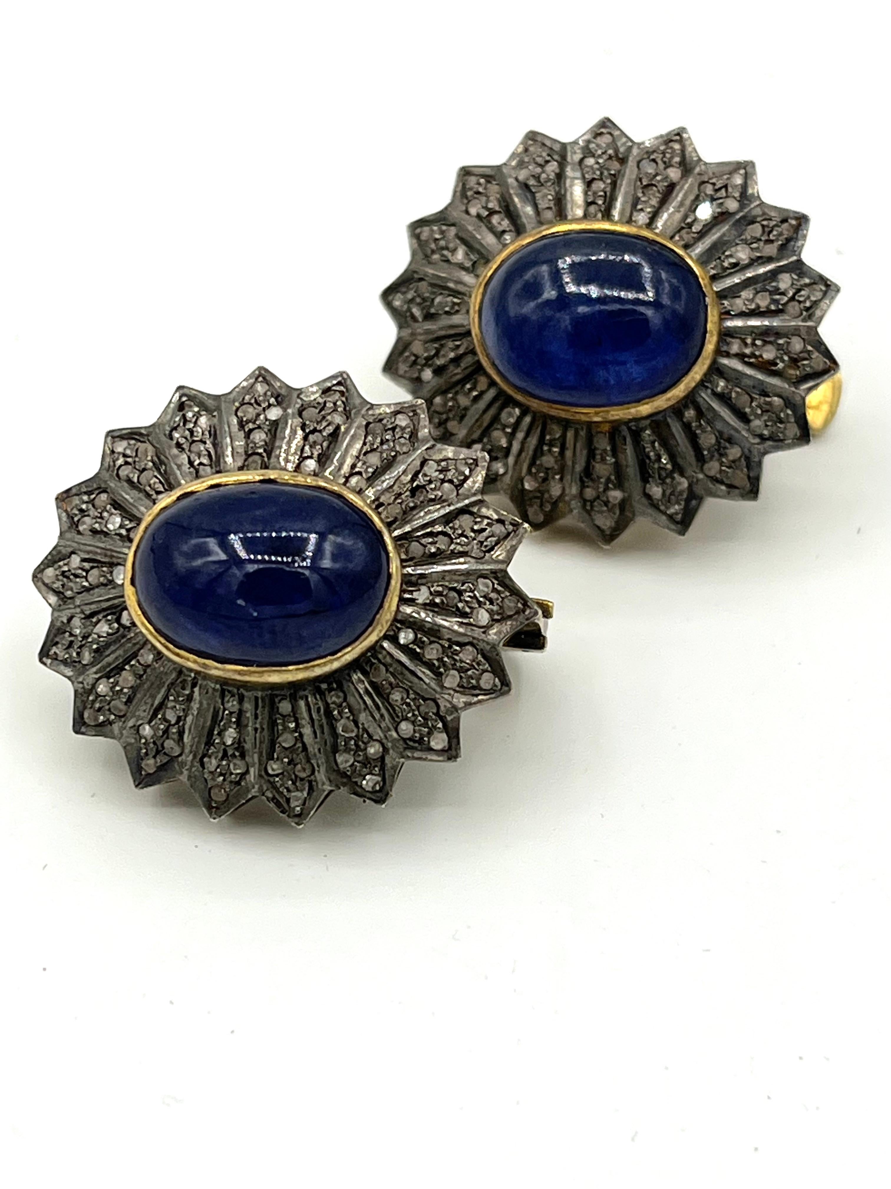 Women's Old Cut Diamond Sapphire Silver Gold Plated Earrings For Sale