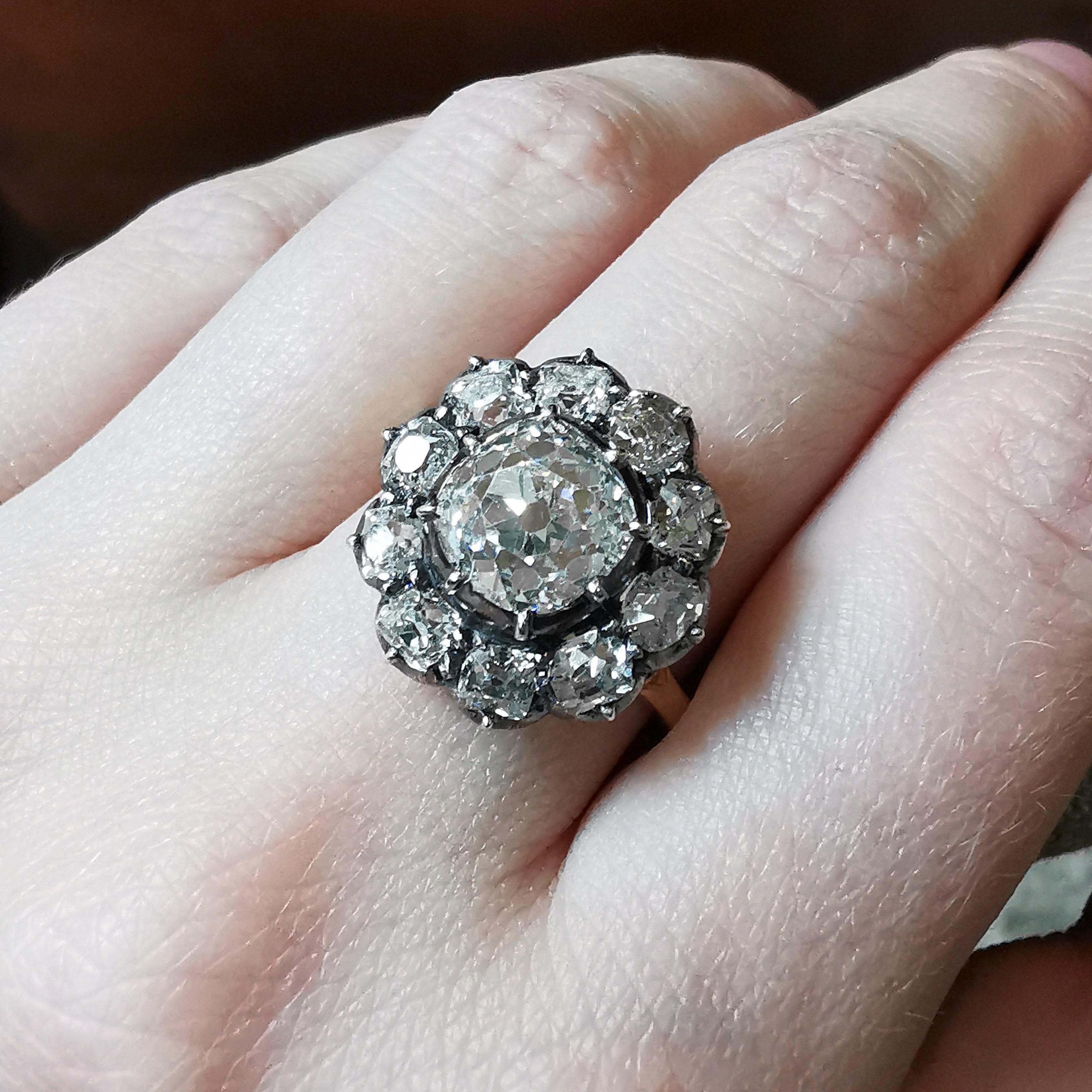 Diamant-Cluster-Ring aus Silber auf Gold mit Altschliff, 2,74 Karat Damen